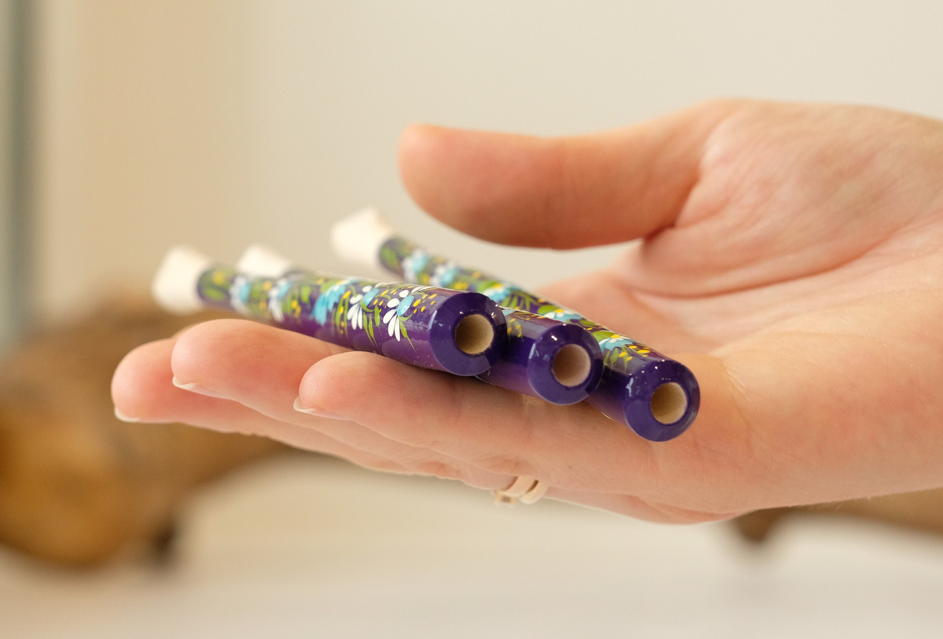 Painted Wooden Cigarette Holder - Regular & Slim - Purple Flower Mouthpiece with Ukrainian Folk Art Petrykivka