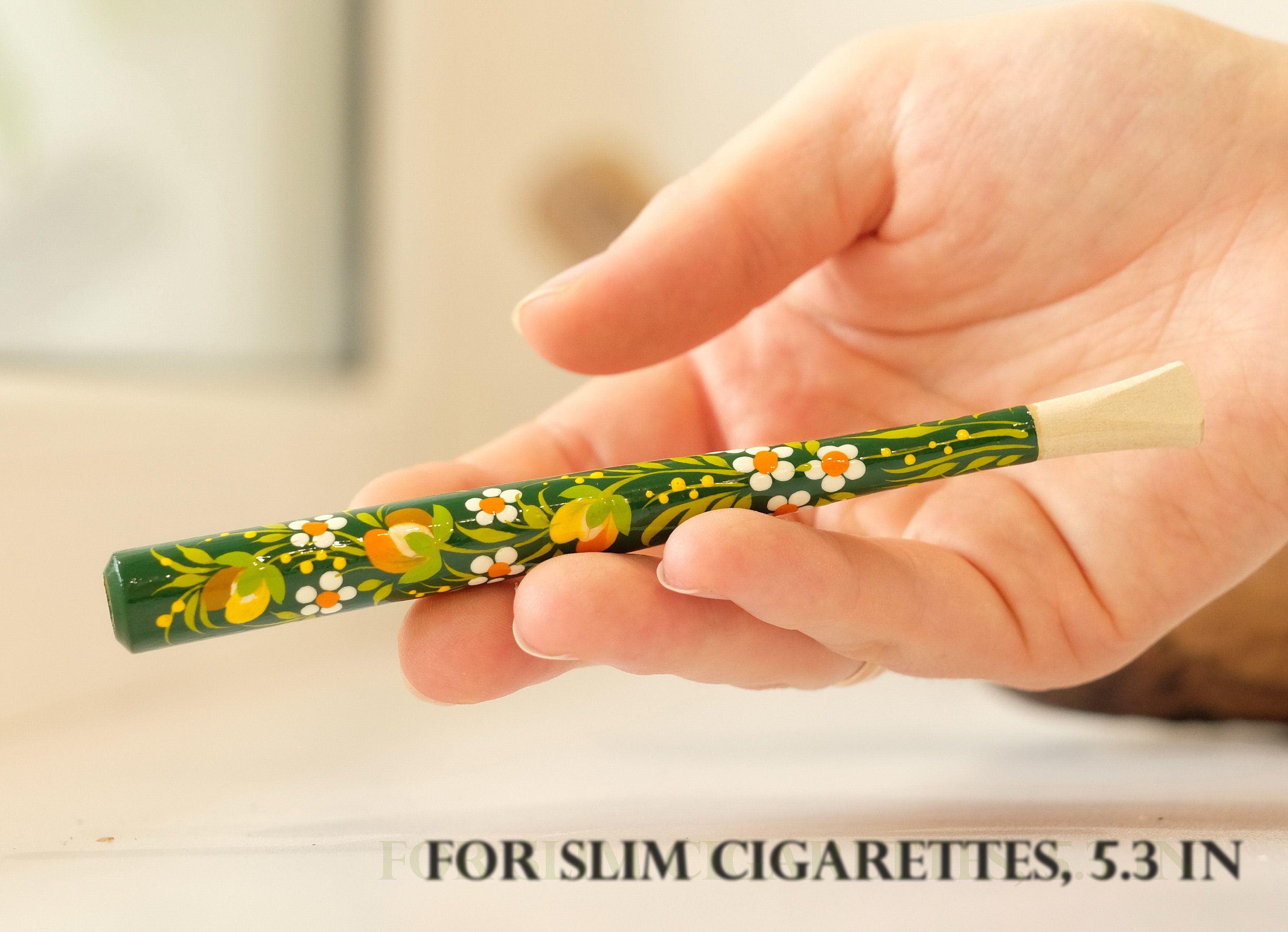 Hand-Painted Wooden Cigarette Holder - Regular & Slim - with Ukrainian Folk Art Petrykivka