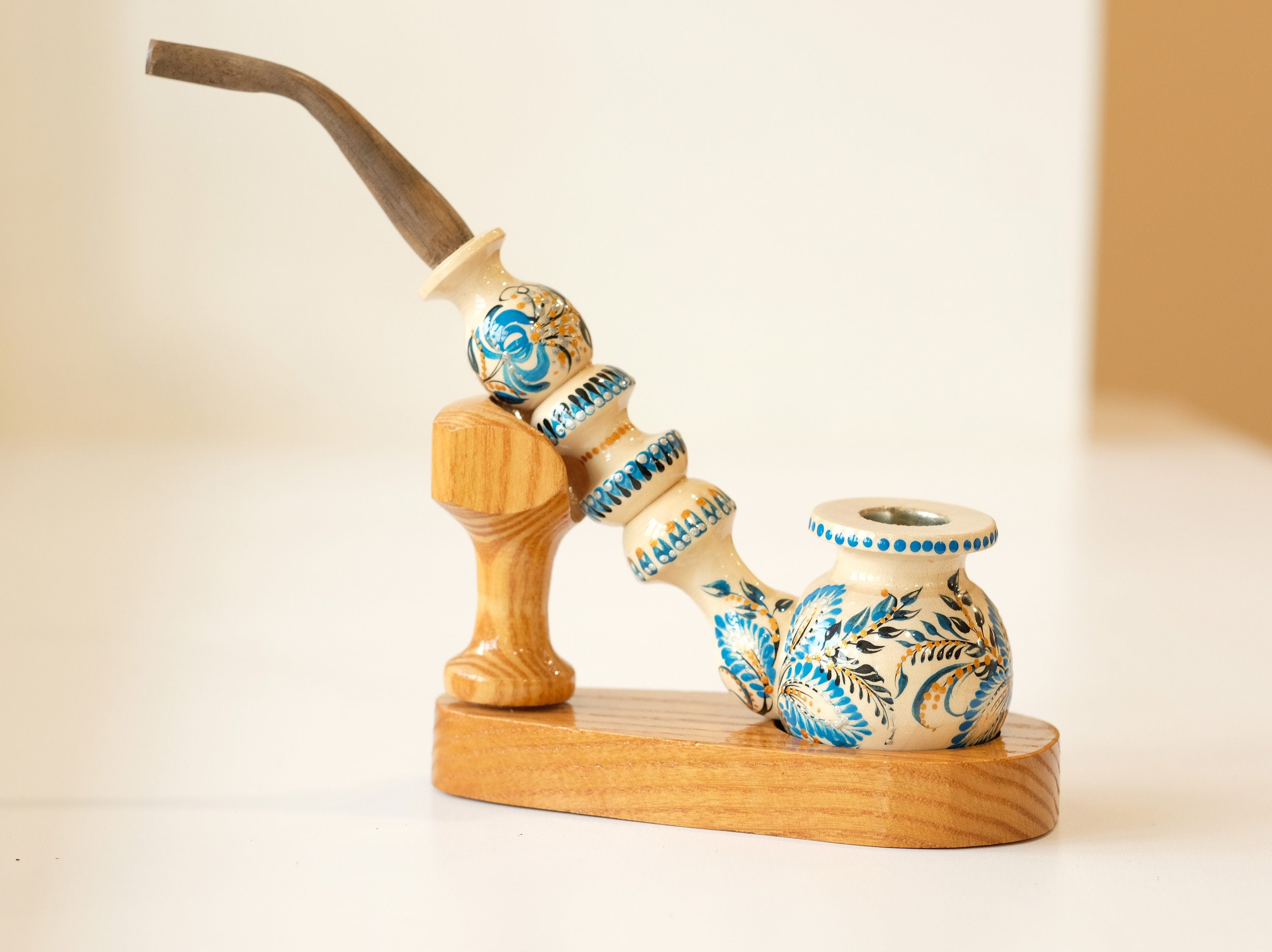 Long Wooden Smoking Pipe - Hand-painted Tobacco Pipe with Ukrainian Folk Art Petrykivka