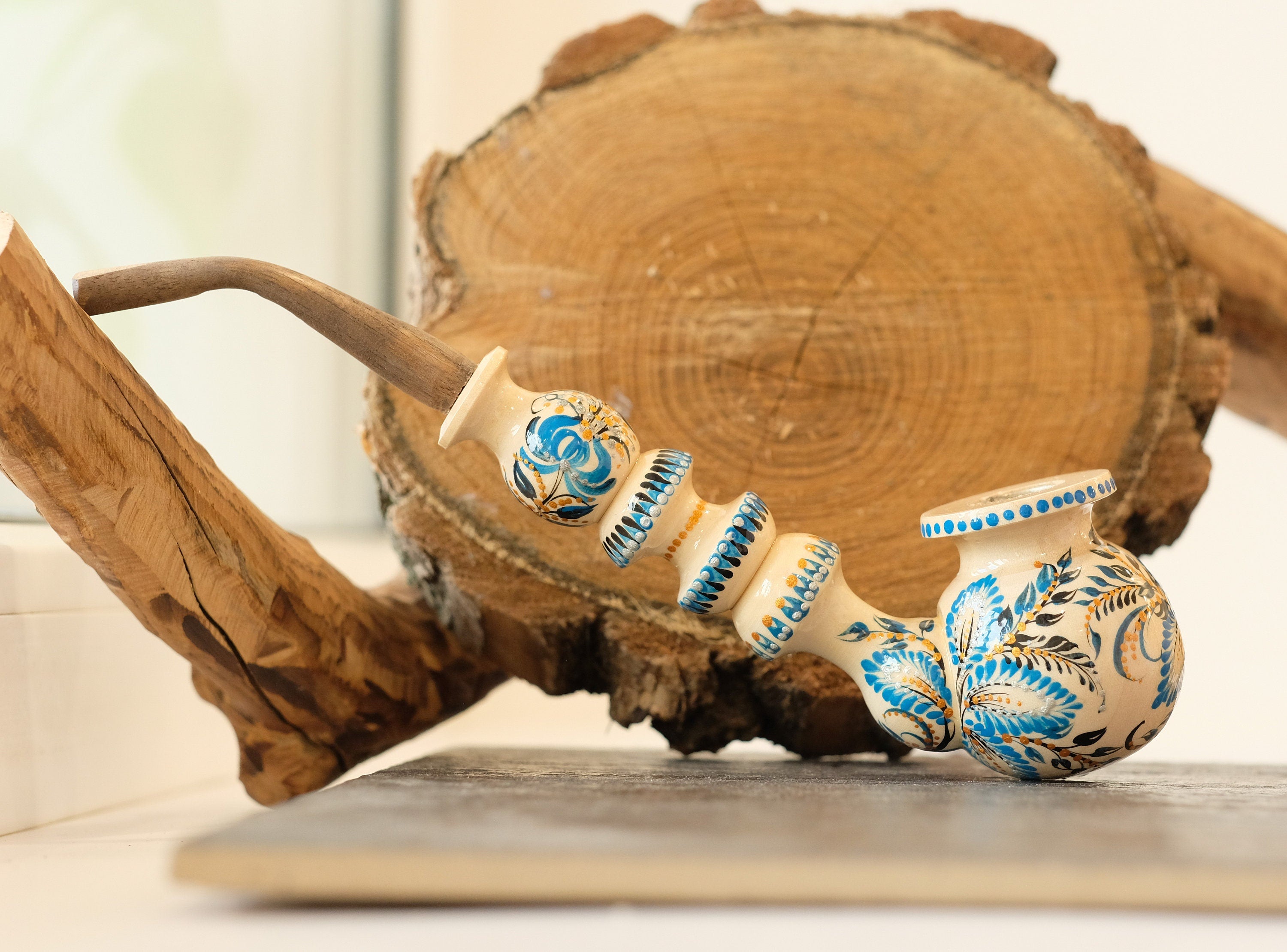 Long Wooden Smoking Pipe - Hand-painted Tobacco Pipe with Ukrainian Folk Art Petrykivka