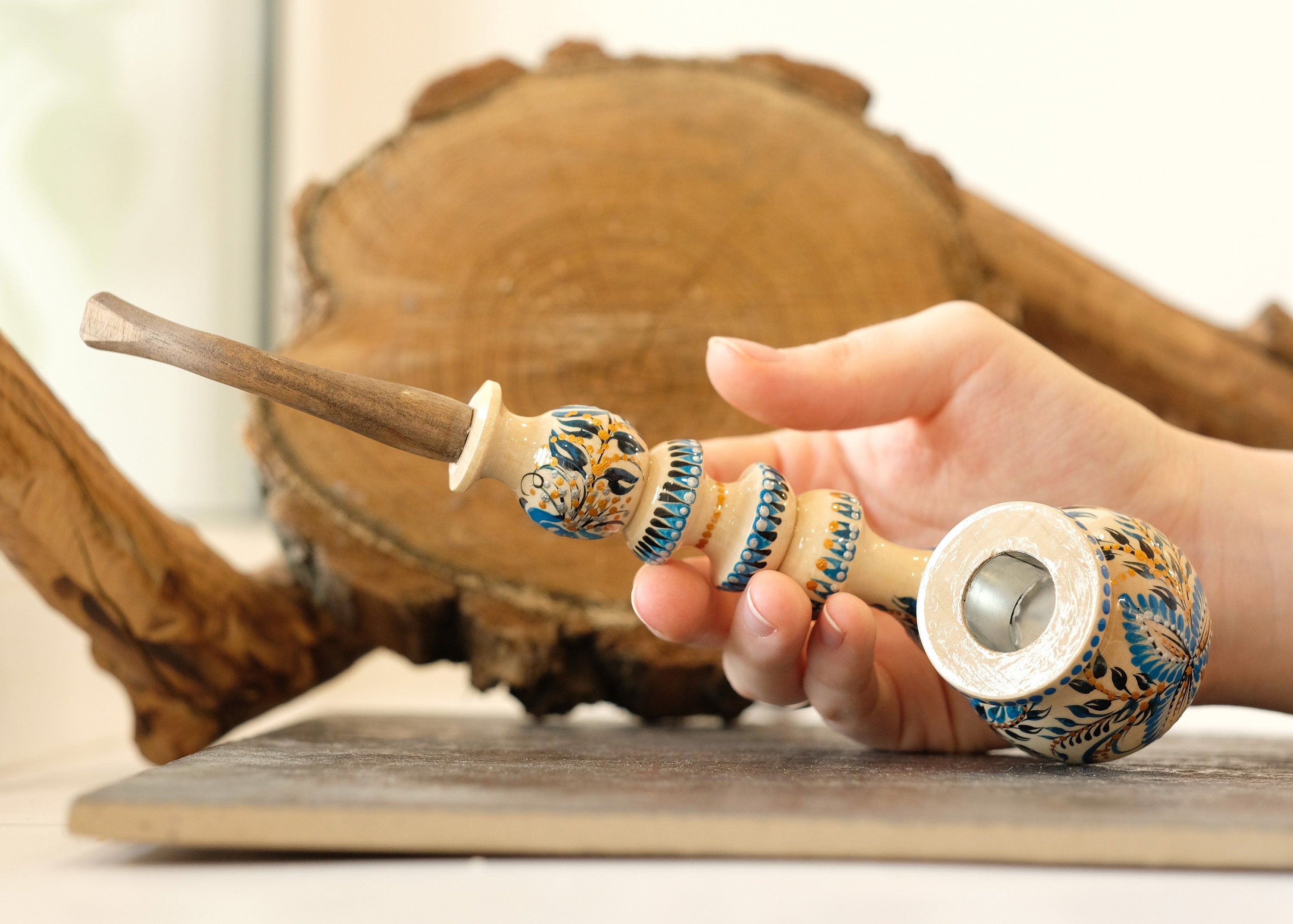 Long Wooden Smoking Pipe - Hand-painted Tobacco Pipe with Ukrainian Folk Art Petrykivka