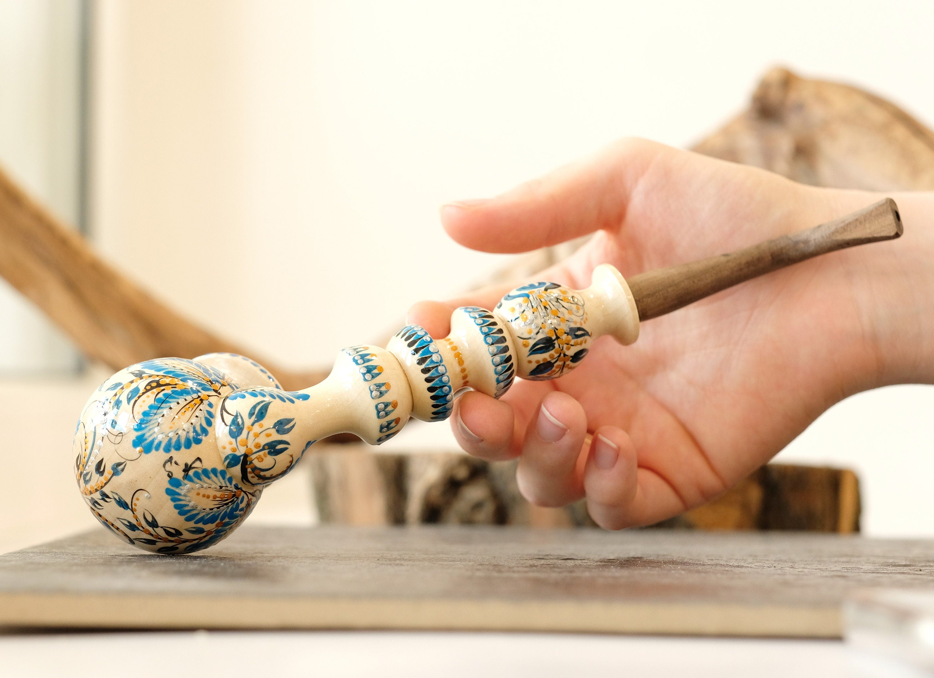 Long Wooden Smoking Pipe - Hand-painted Tobacco Pipe with Ukrainian Folk Art Petrykivka