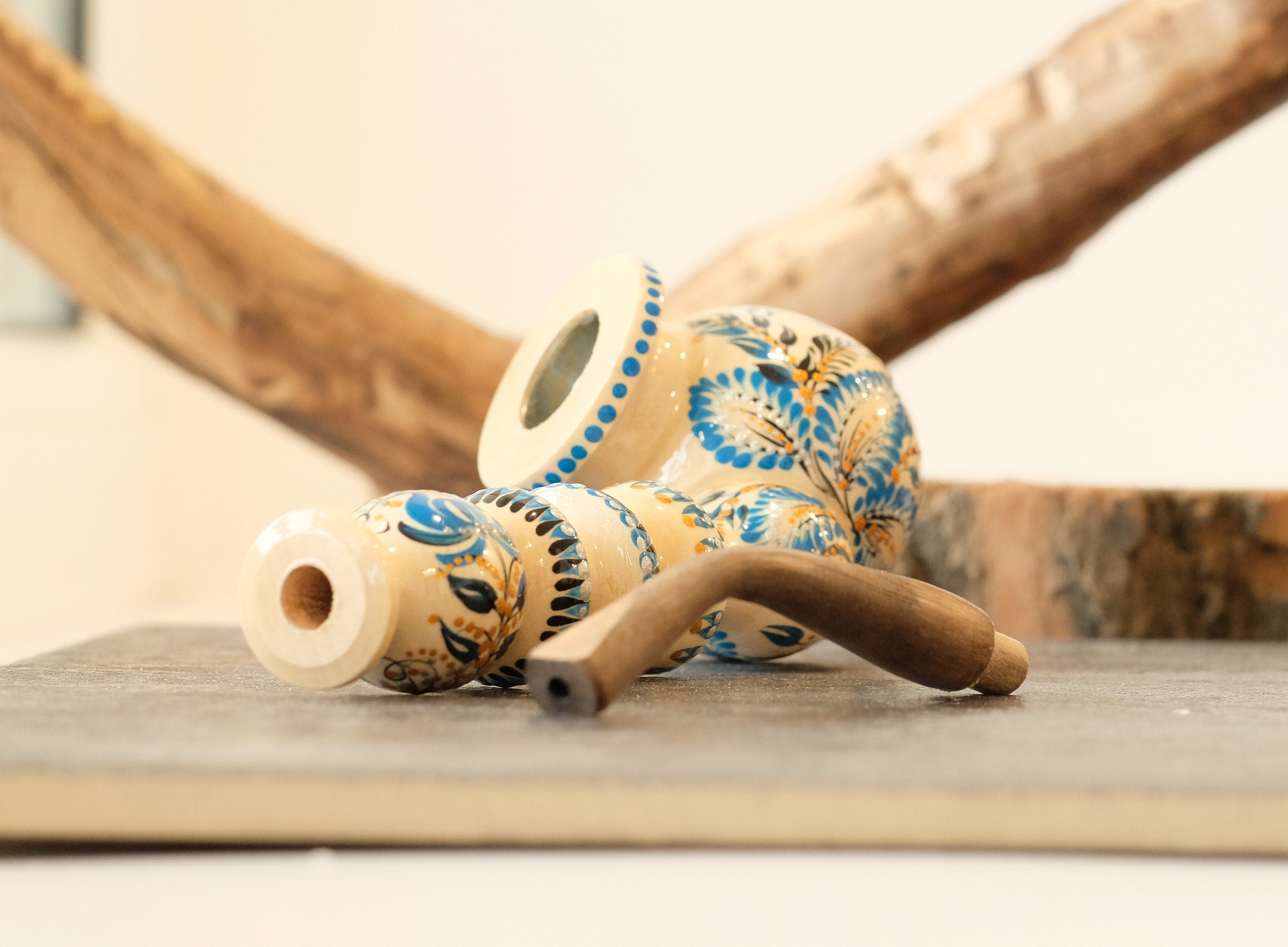 Long Wooden Smoking Pipe - Hand-painted Tobacco Pipe with Ukrainian Folk Art Petrykivka