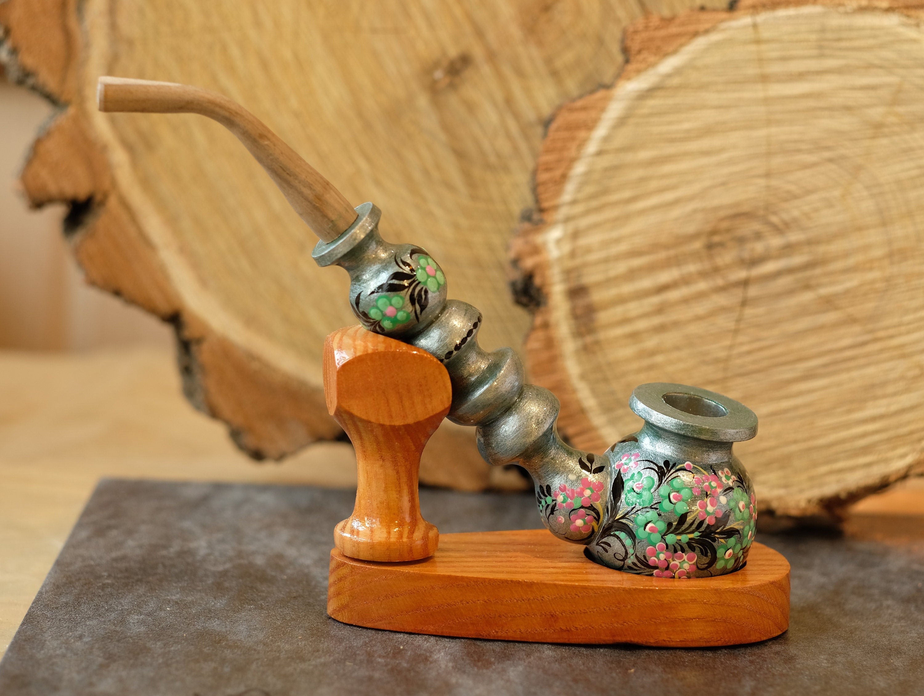 Painted Wooden Smoking Pipe with Ukrainian Folk Art Petrykivka - Flower Tobacco Pipe