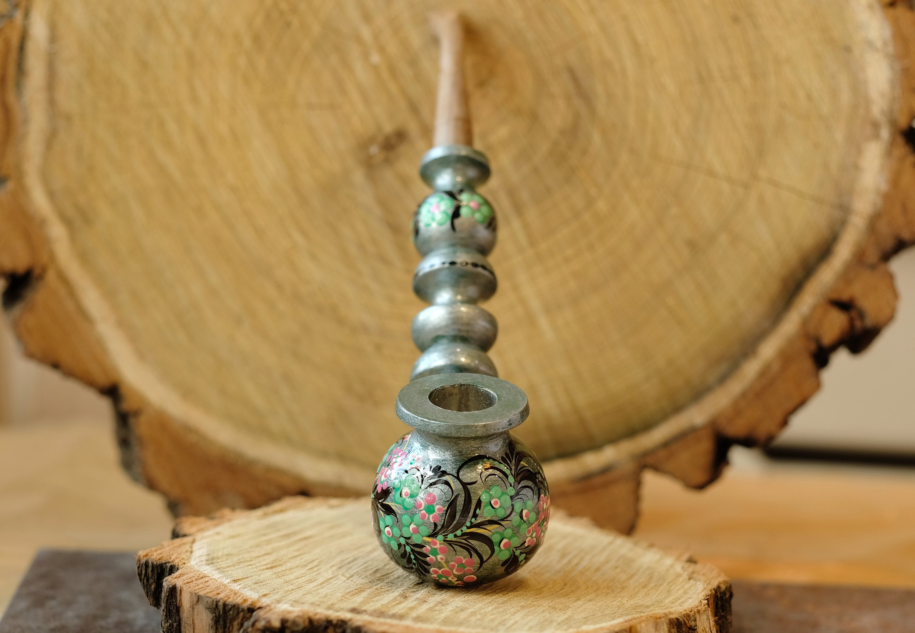 Painted Wooden Smoking Pipe with Ukrainian Folk Art Petrykivka - Flower Tobacco Pipe