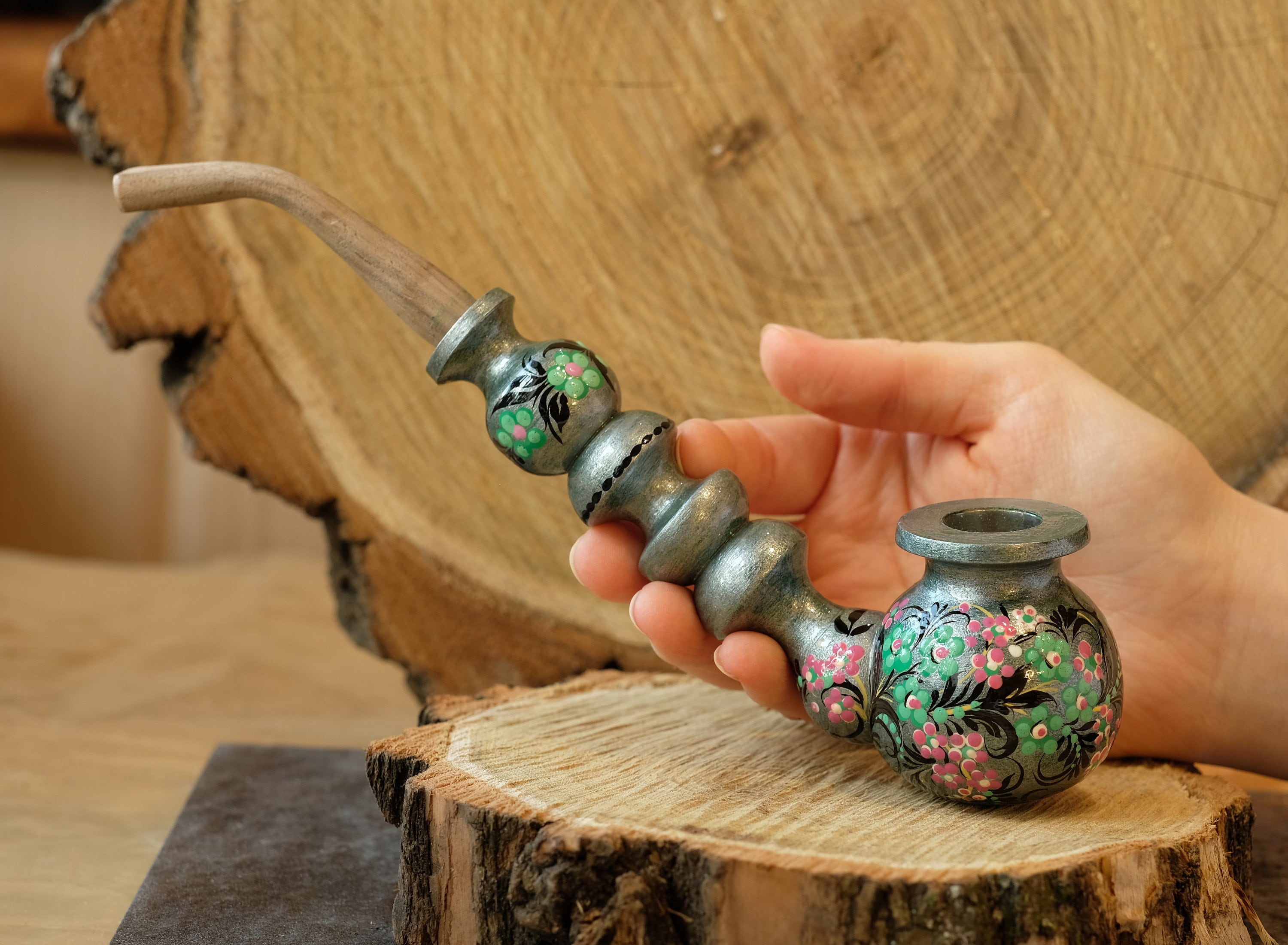 Painted Wooden Smoking Pipe with Ukrainian Folk Art Petrykivka - Flower Tobacco Pipe