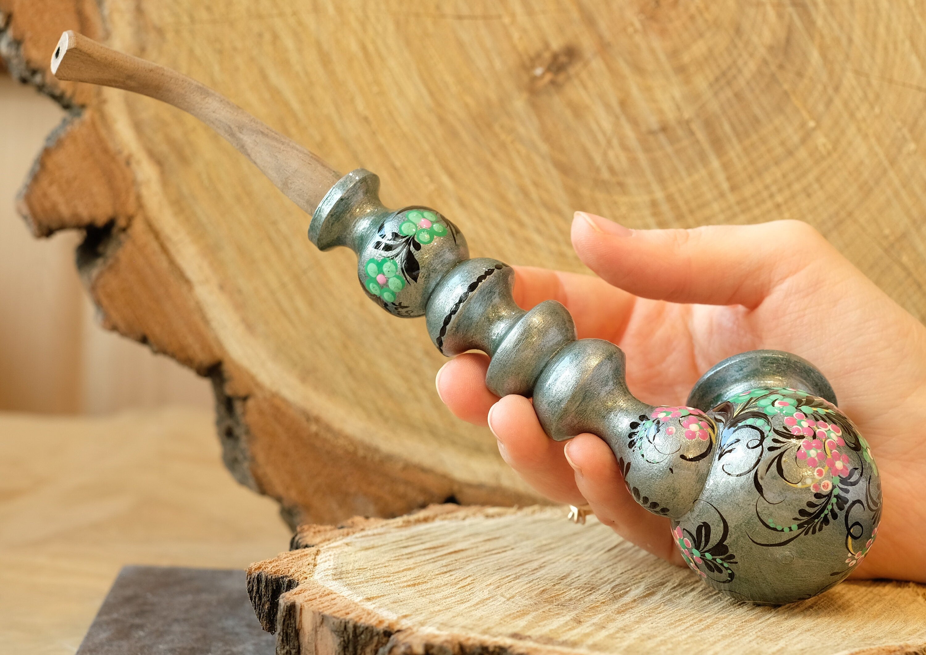 Painted Wooden Smoking Pipe with Ukrainian Folk Art Petrykivka - Flower Tobacco Pipe