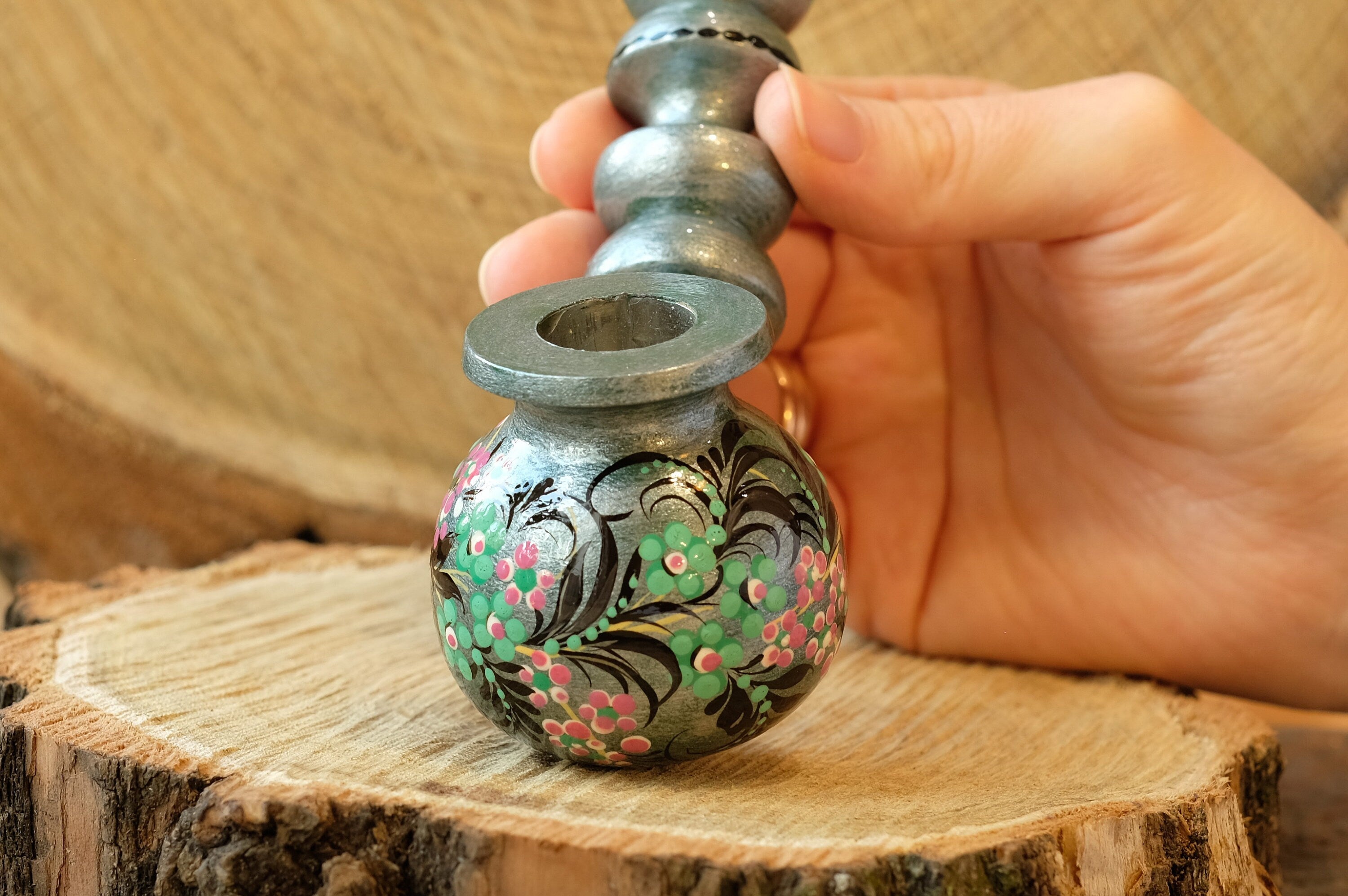 Painted Wooden Smoking Pipe with Ukrainian Folk Art Petrykivka - Flower Tobacco Pipe