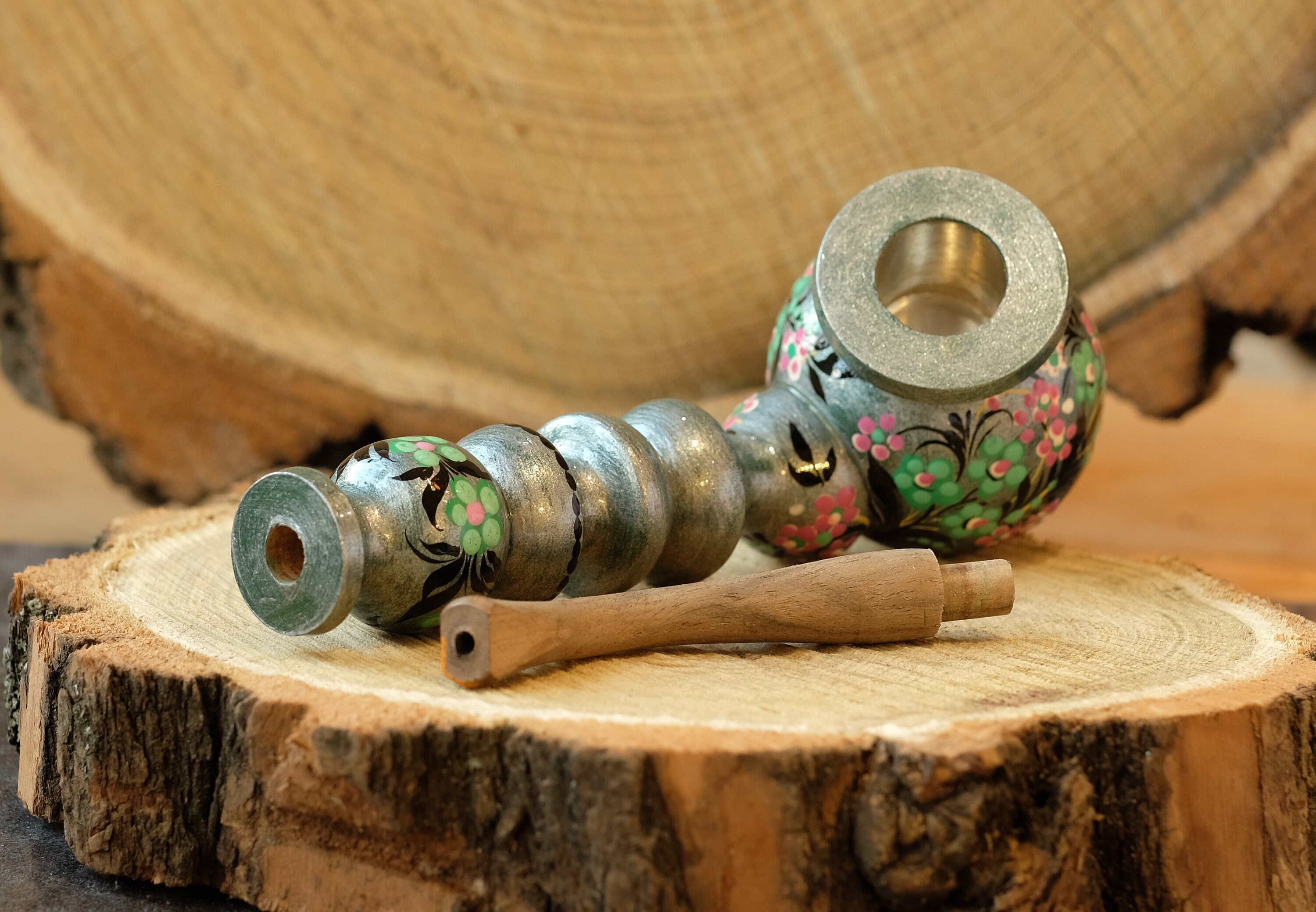 Painted Wooden Smoking Pipe with Ukrainian Folk Art Petrykivka - Flower Tobacco Pipe