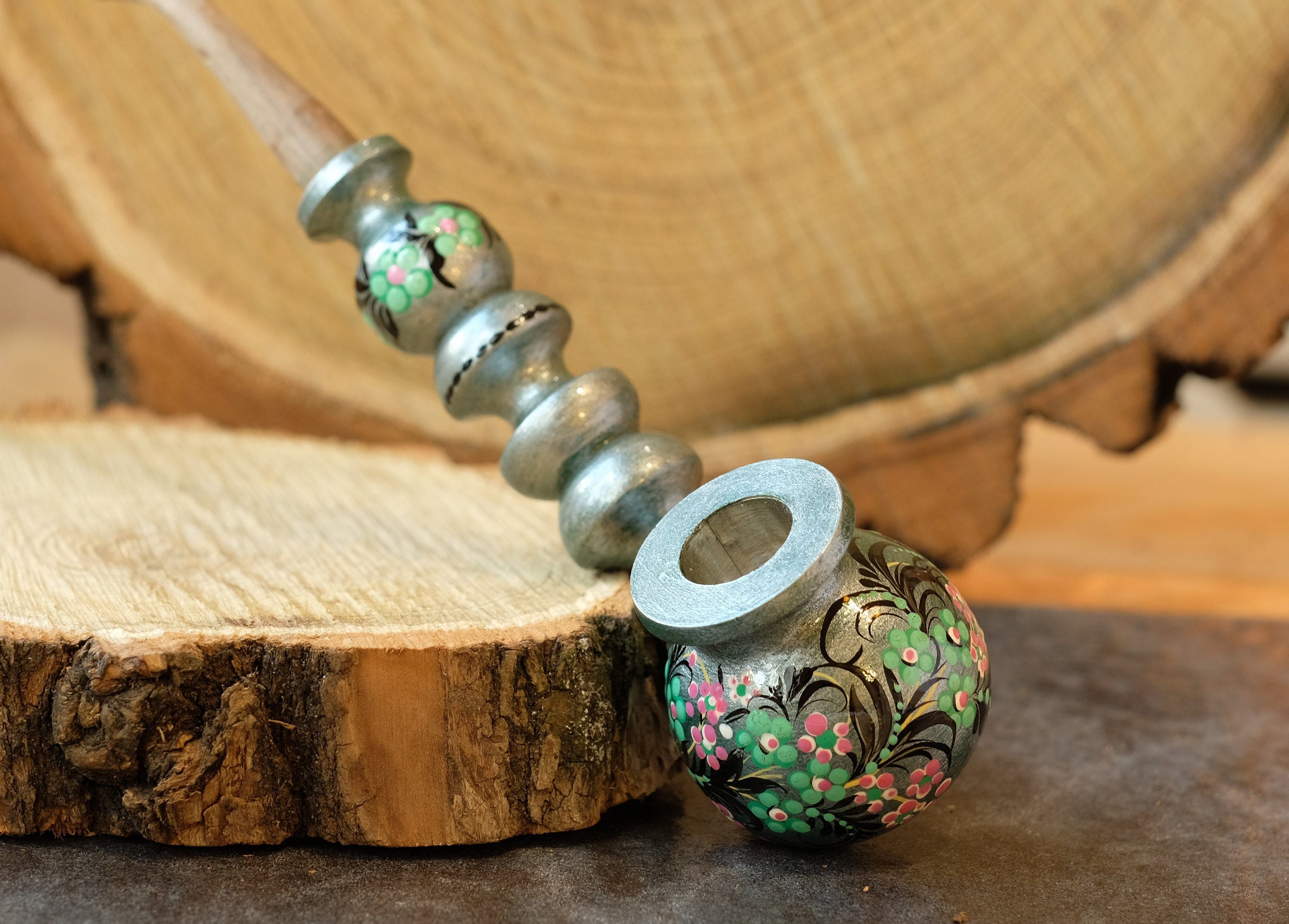 Painted Wooden Smoking Pipe with Ukrainian Folk Art Petrykivka - Flower Tobacco Pipe