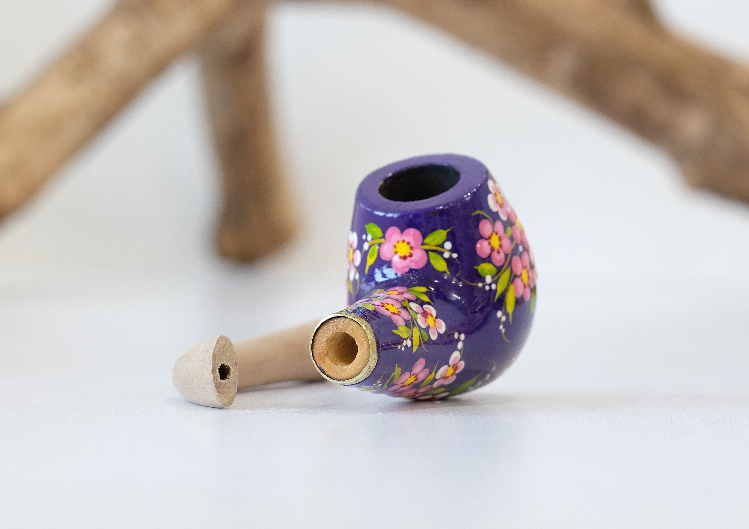 Painted Cherry Blossom Smoking Pipe - Ukrainian Wooden Tobacco Pipe