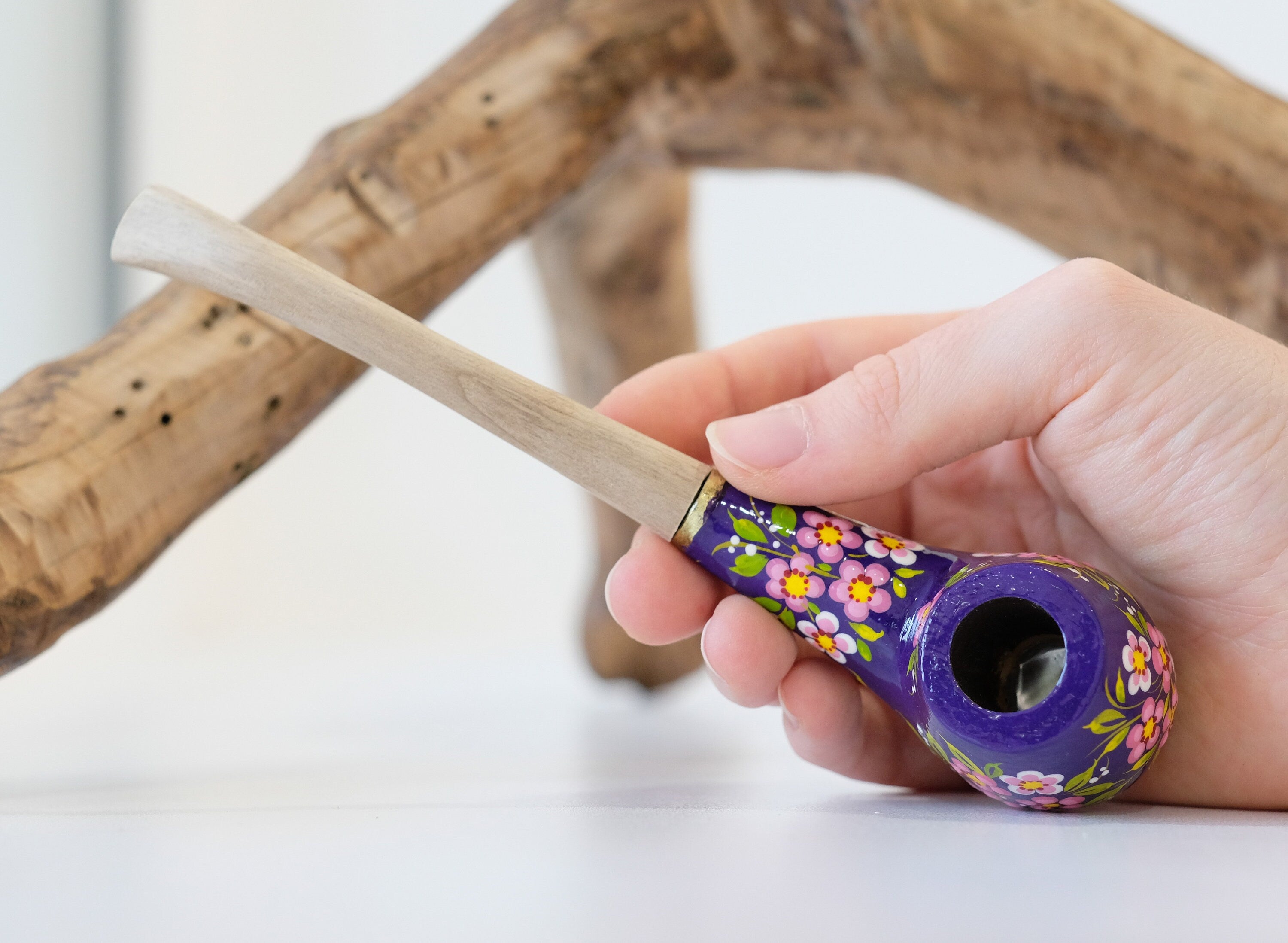 Painted Cherry Blossom Smoking Pipe - Ukrainian Wooden Tobacco Pipe