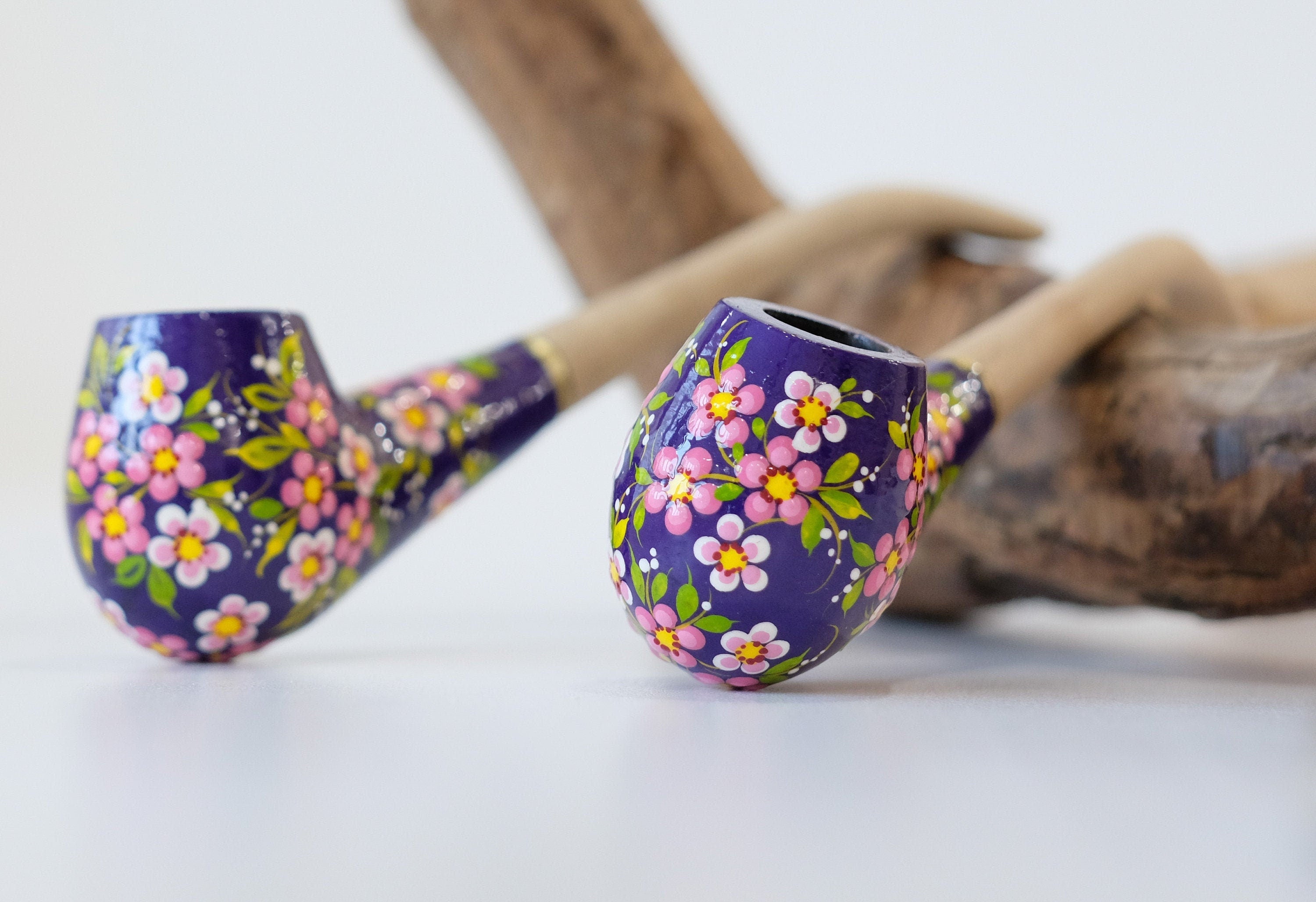 Painted Cherry Blossom Smoking Pipe - Ukrainian Wooden Tobacco Pipe