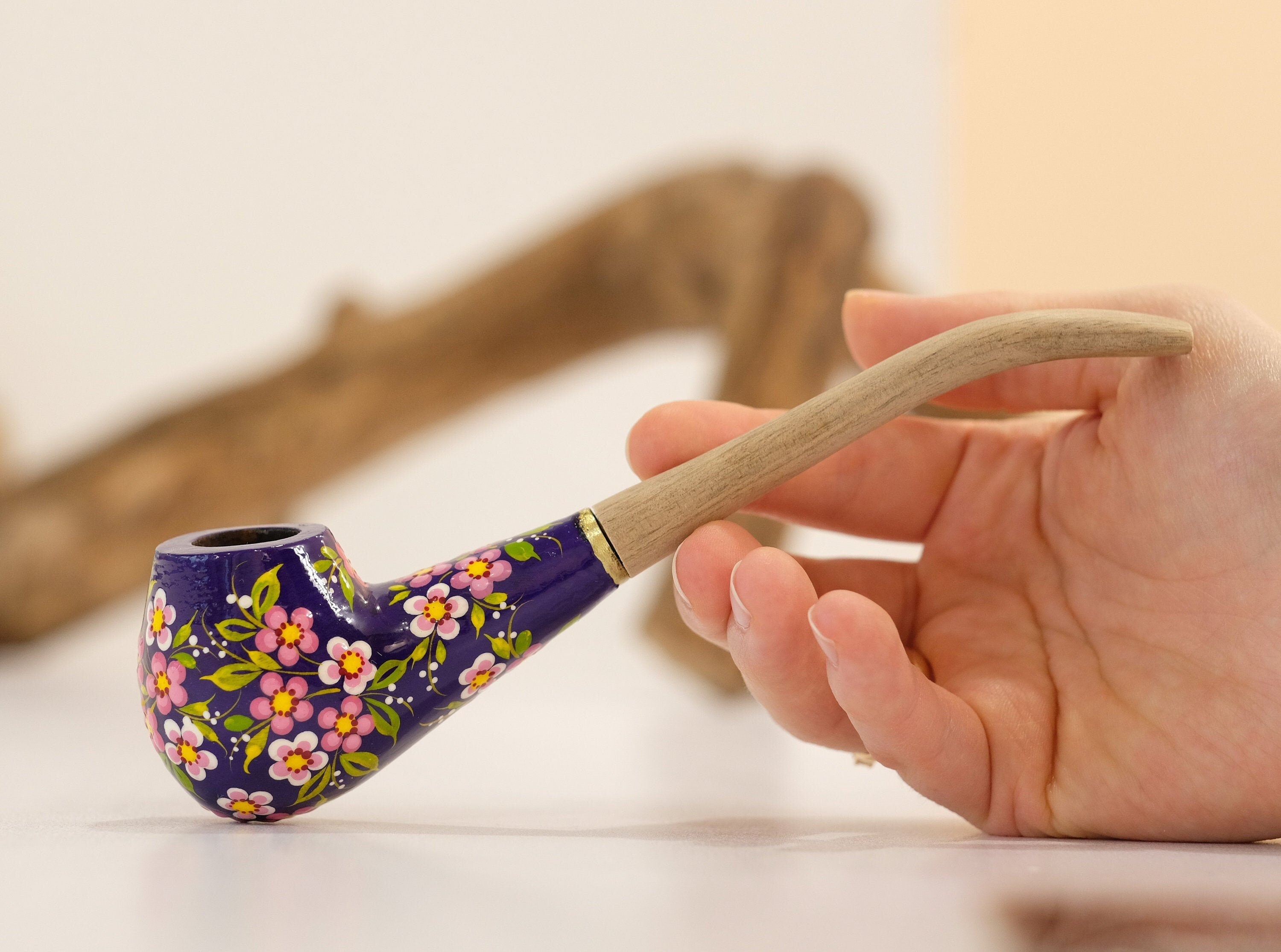 Painted Cherry Blossom Smoking Pipe - Ukrainian Wooden Tobacco Pipe