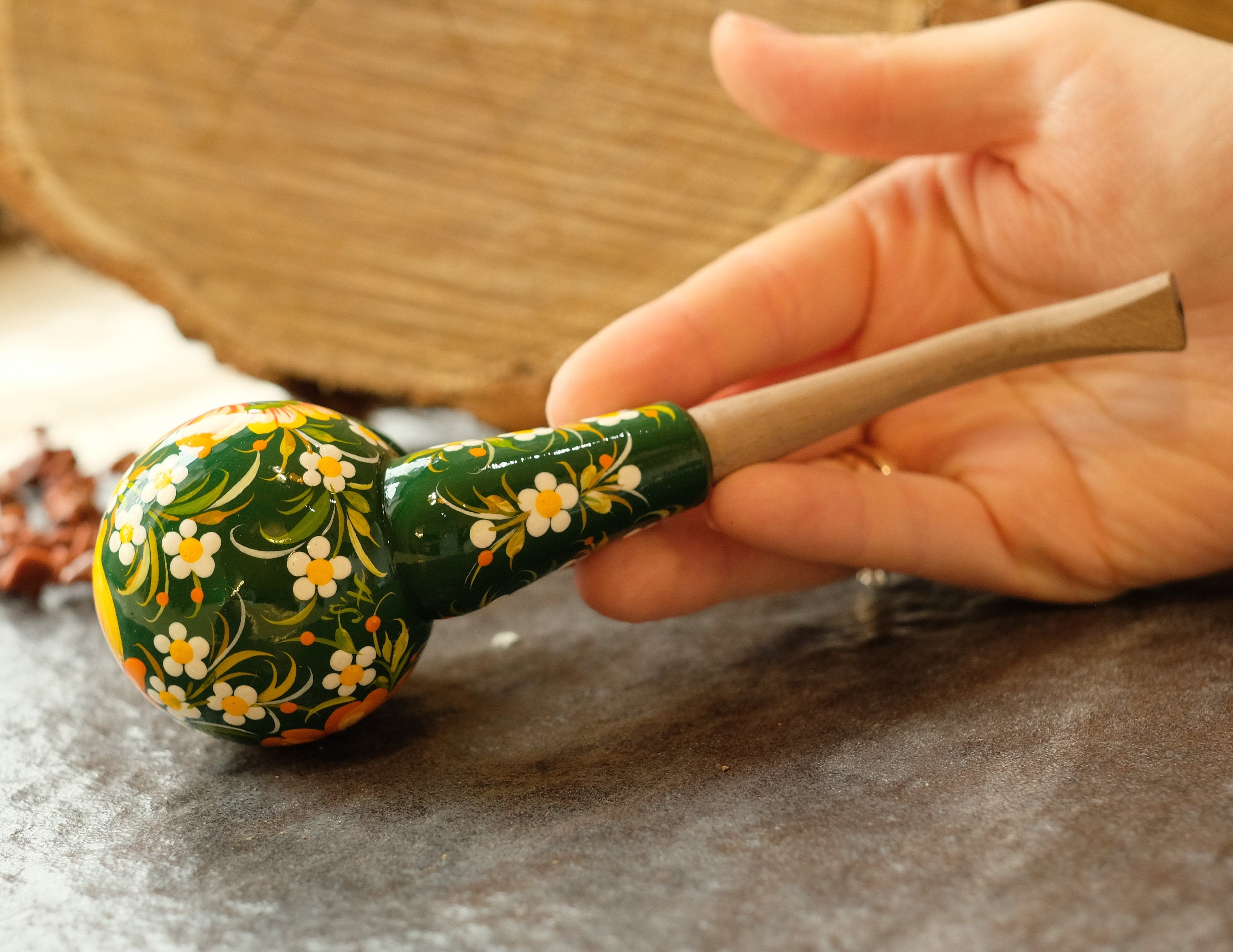Painted Wooden Sunflower Smoking Pipe with Lid - Ukrainian Folk Art Petrykivka