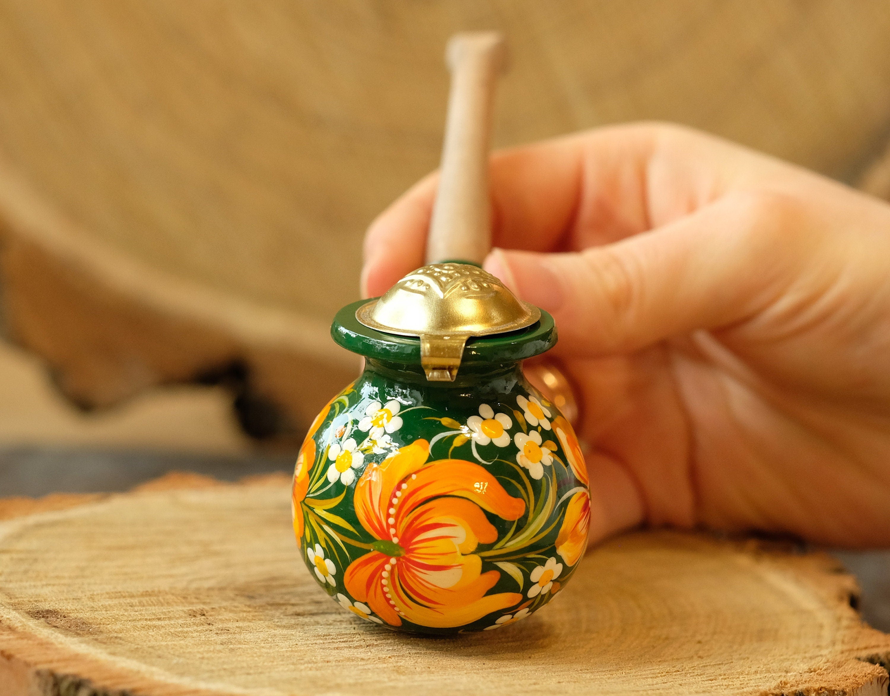 Painted Wooden Sunflower Smoking Pipe with Lid - Ukrainian Folk Art Petrykivka