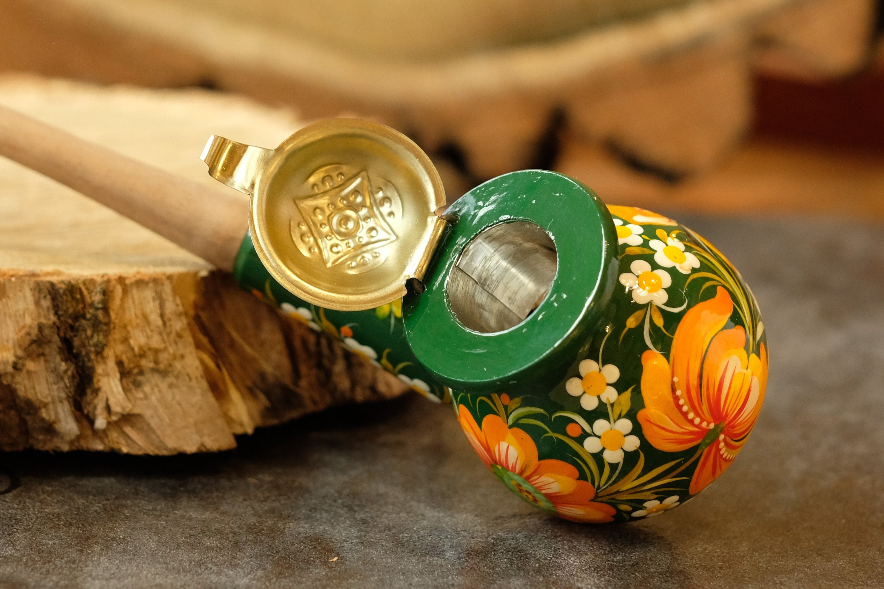 Painted Wooden Sunflower Smoking Pipe with Lid - Ukrainian Folk Art Petrykivka