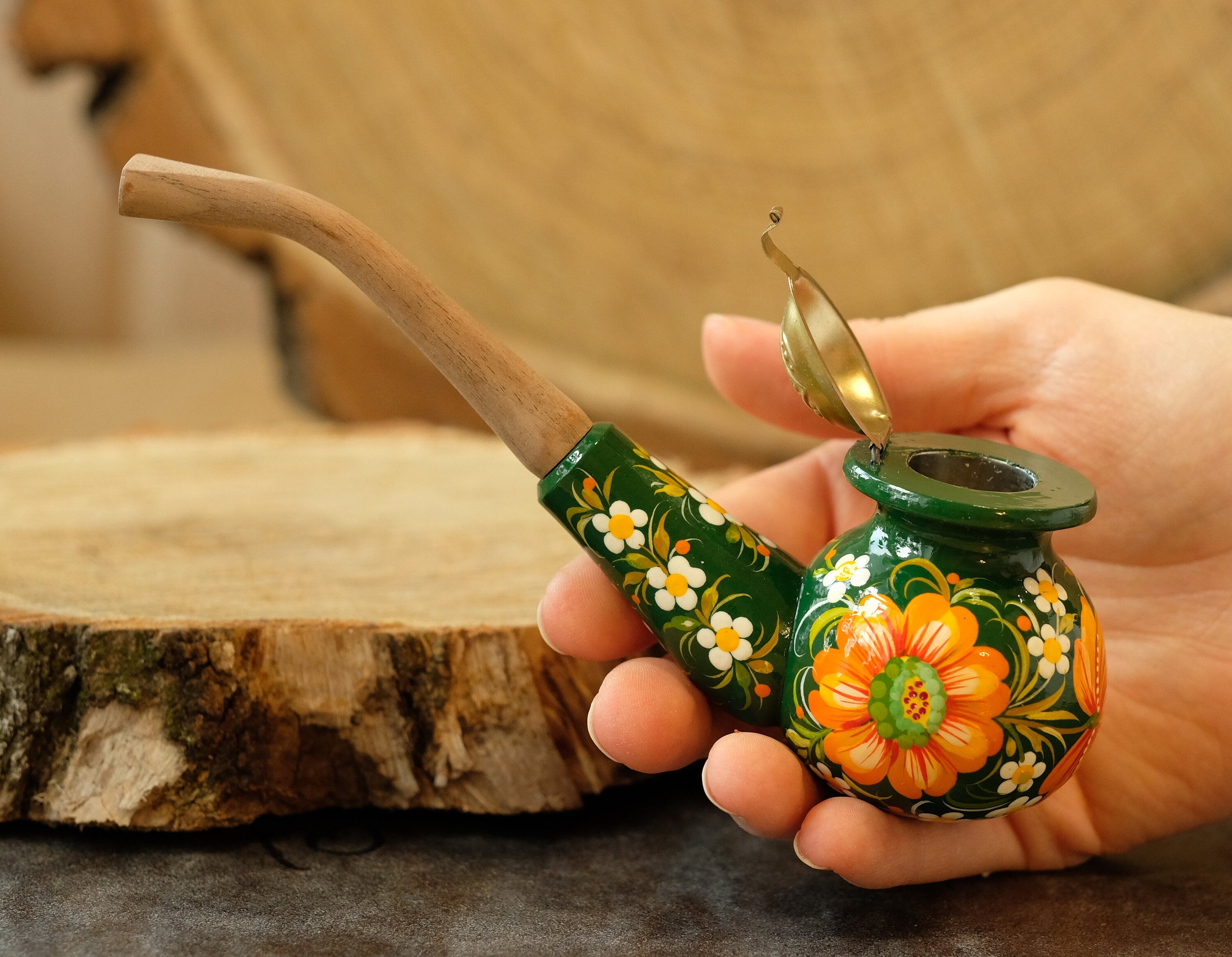 Painted Wooden Sunflower Smoking Pipe with Lid - Ukrainian Folk Art Petrykivka