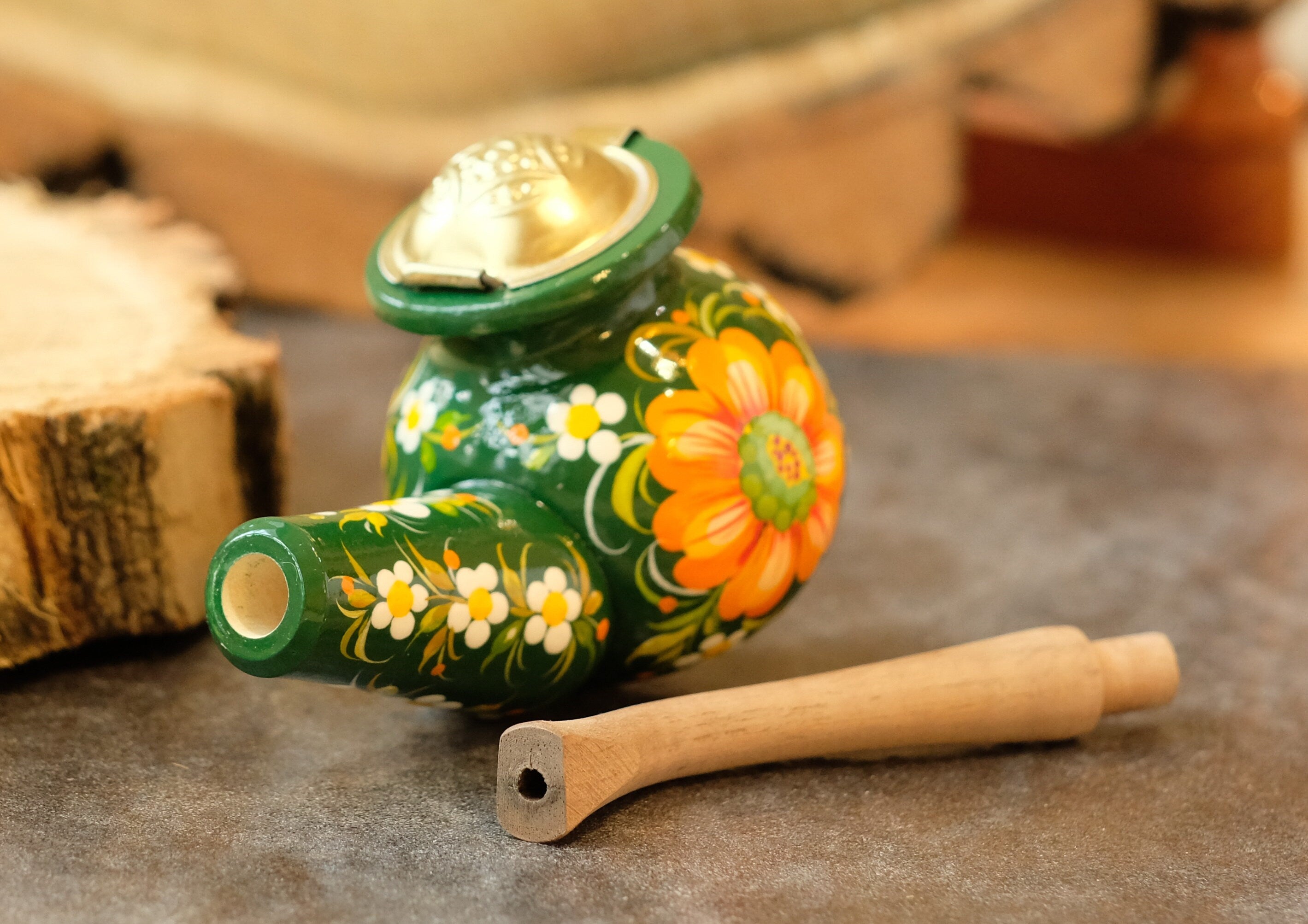 Painted Wooden Sunflower Smoking Pipe with Lid - Ukrainian Folk Art Petrykivka