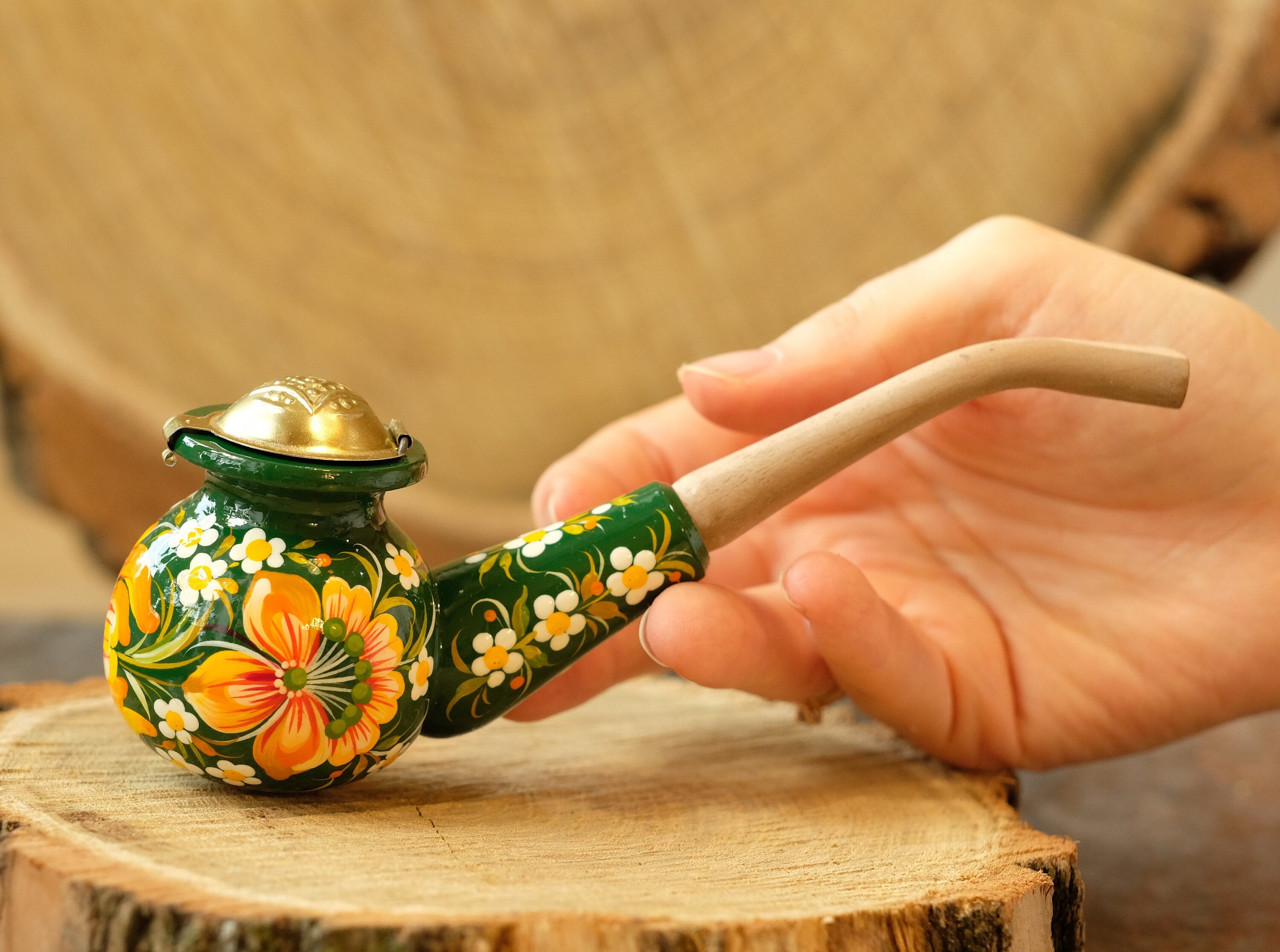 Painted Wooden Sunflower Smoking Pipe with Lid - Ukrainian Folk Art Petrykivka