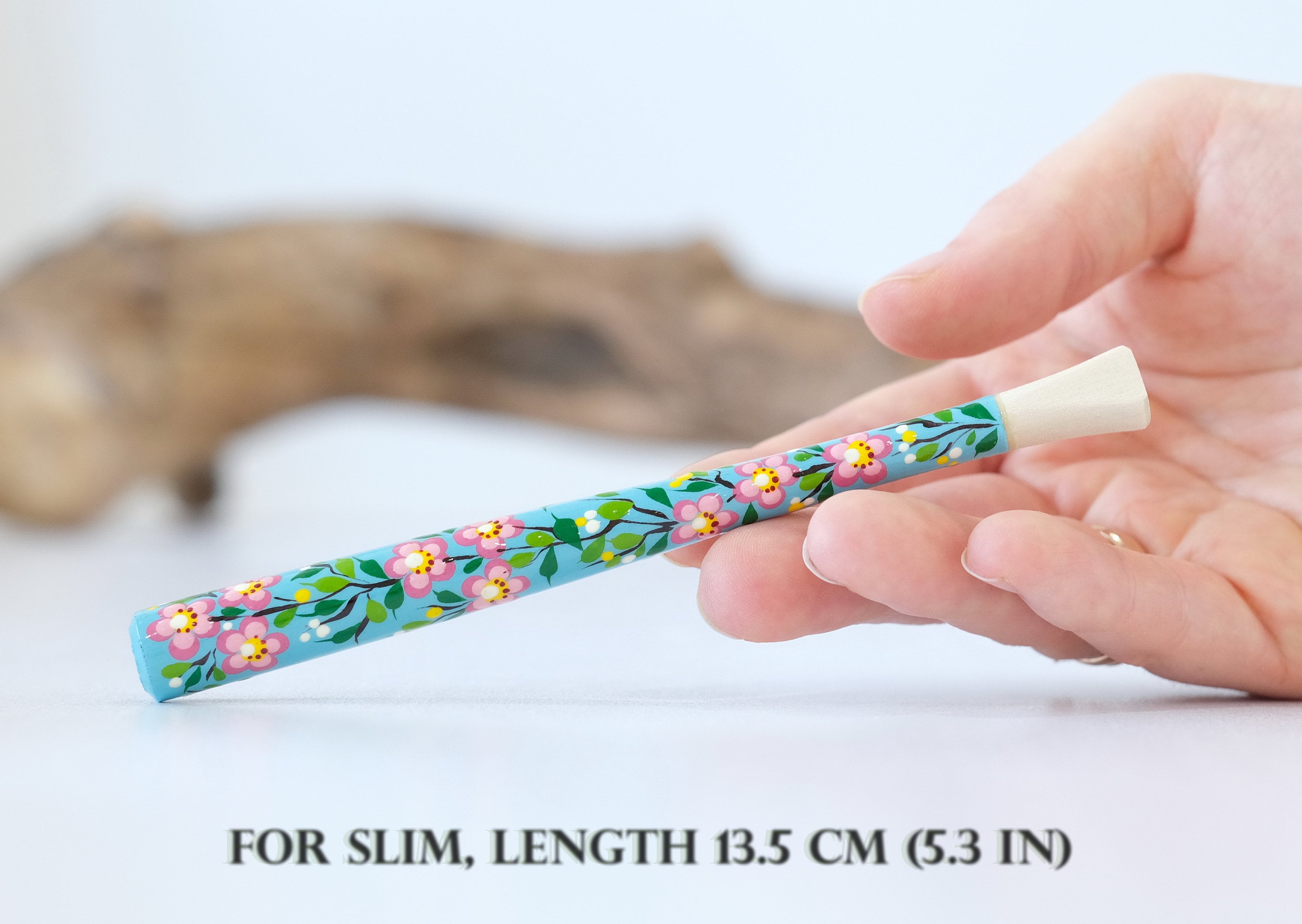 Painted Wooden Cigarette Holder - Regular & Slim - Cherry Blossom Mouthpiece with Ukrainian Folk Art Petrykivka