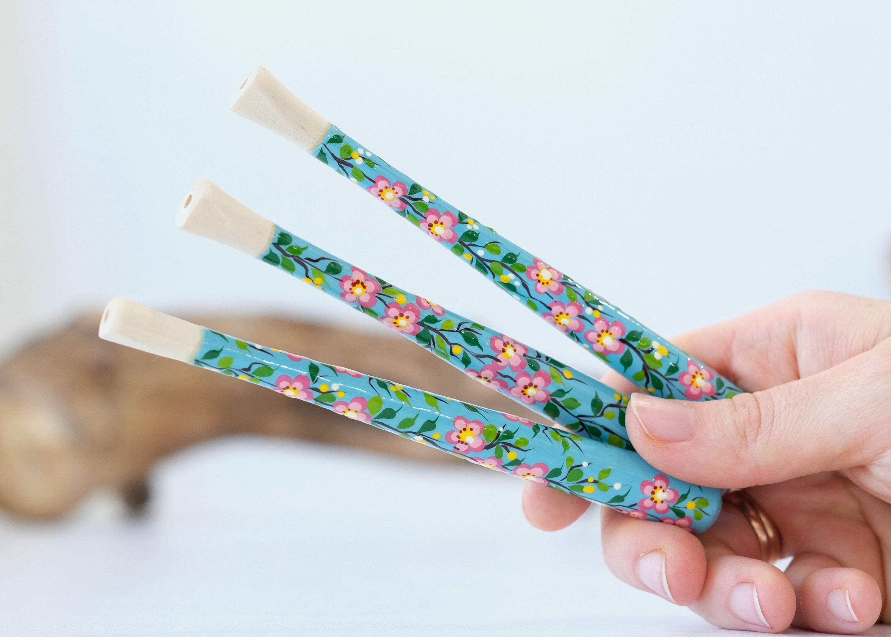 Painted Wooden Cigarette Holder - Regular & Slim - Cherry Blossom Mouthpiece with Ukrainian Folk Art Petrykivka
