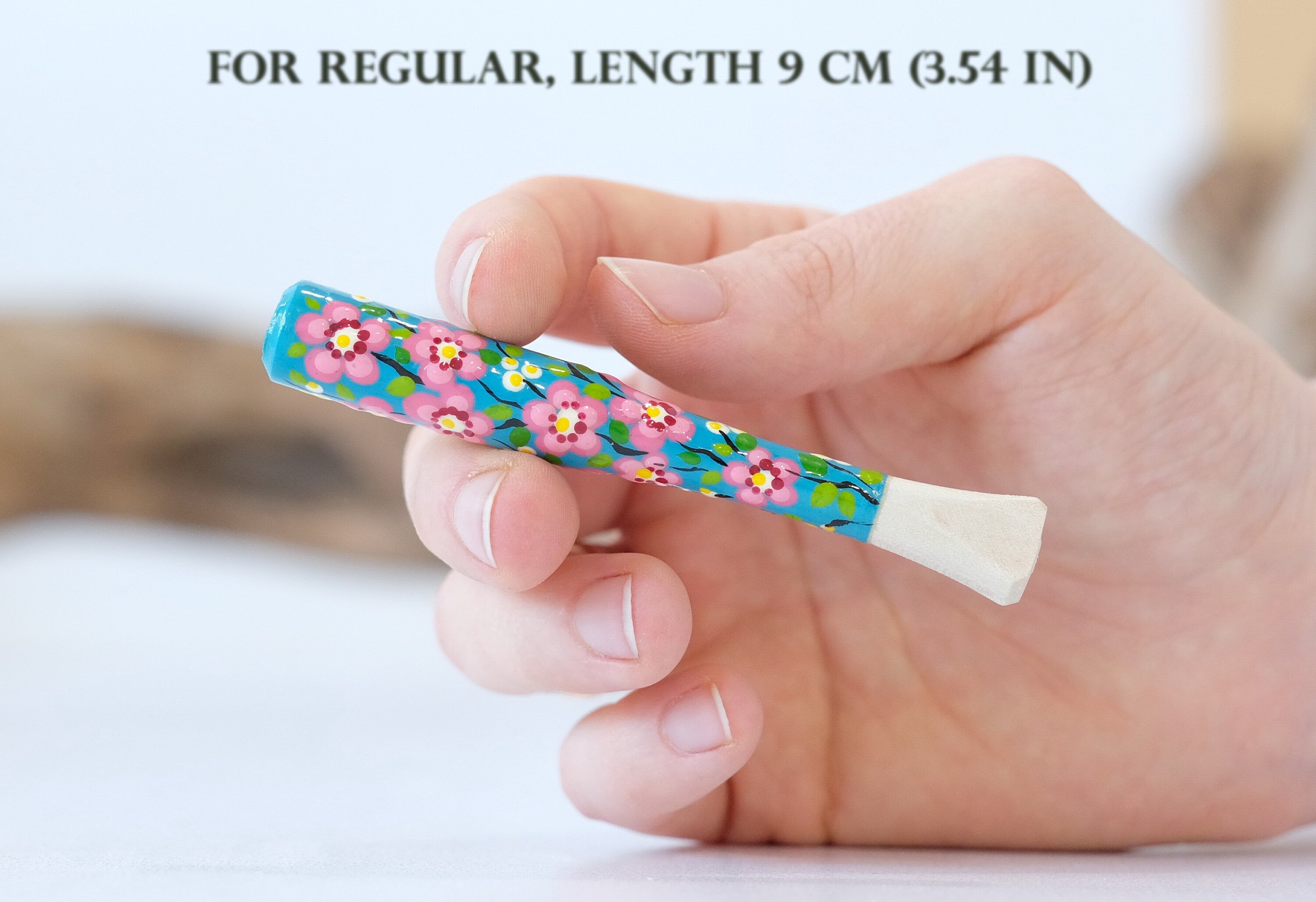 Painted Wooden Cigarette Holder - Regular & Slim - Cherry Blossom Mouthpiece with Ukrainian Folk Art Petrykivka