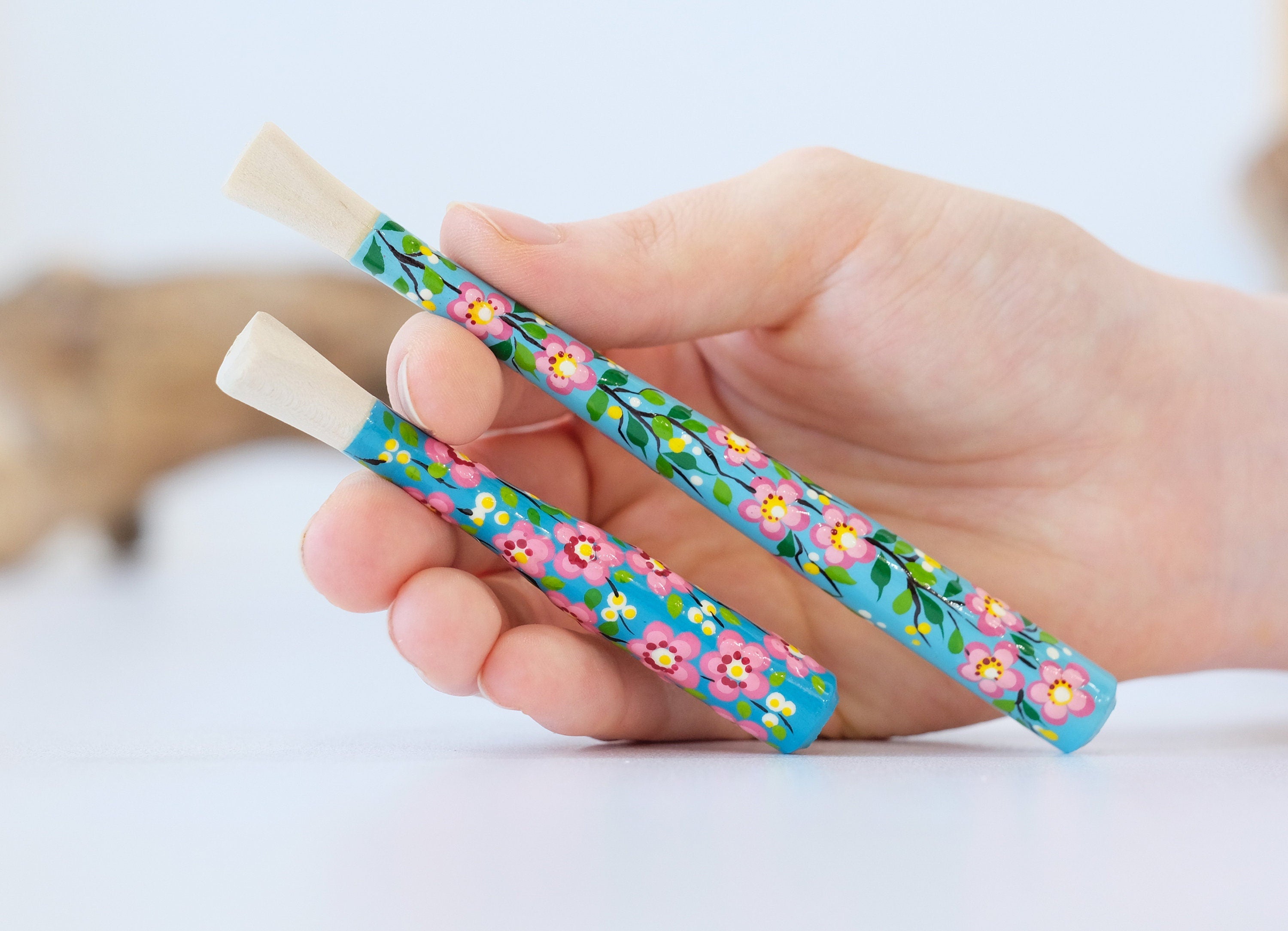 Painted Wooden Cigarette Holder - Regular & Slim - Cherry Blossom Mouthpiece with Ukrainian Folk Art Petrykivka