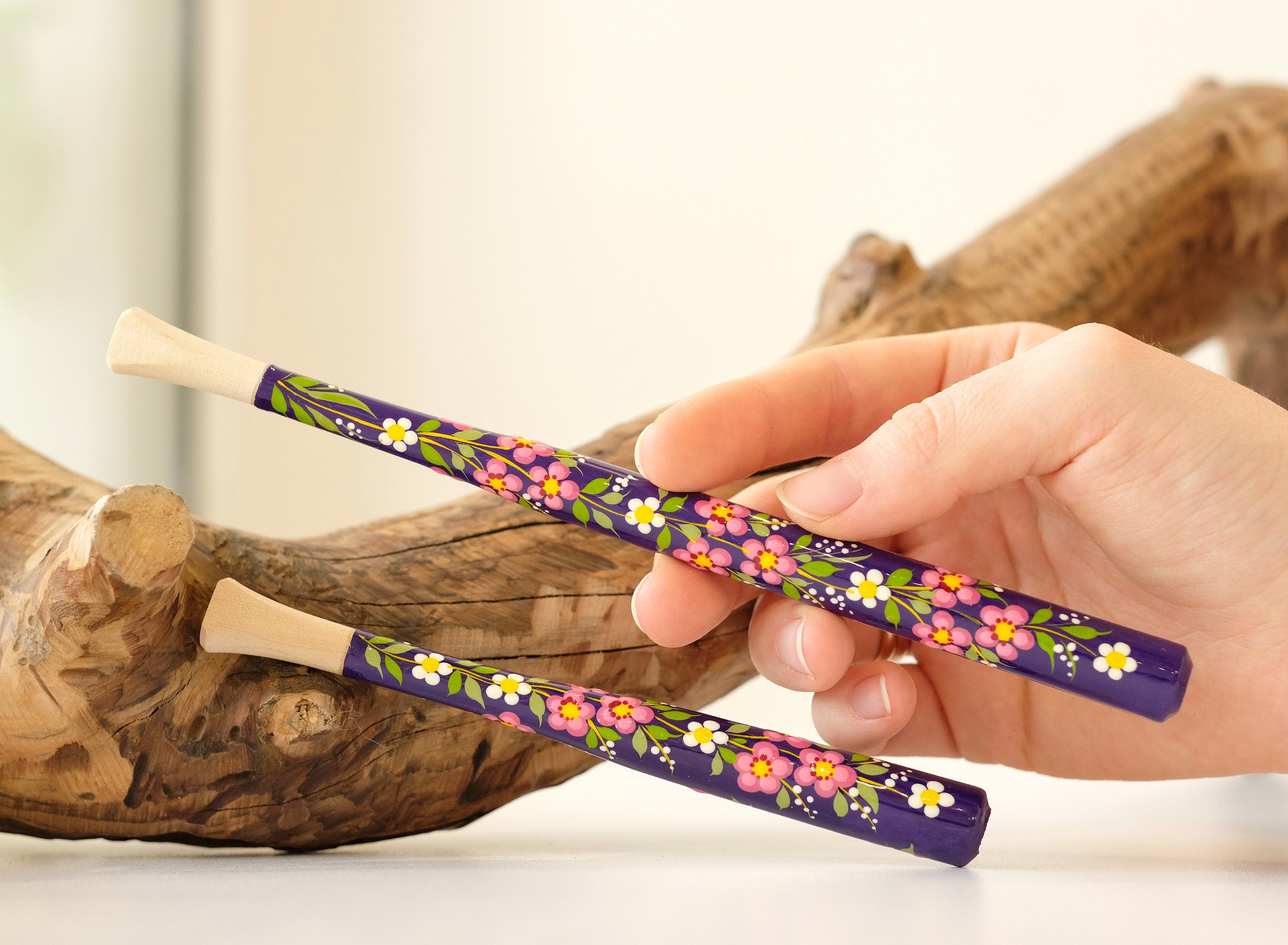Painted Wooden Regular Cigarette Holder with Ukrainian Folk Art Petrykivka - Cherry Blossom Flower Mouthpiece