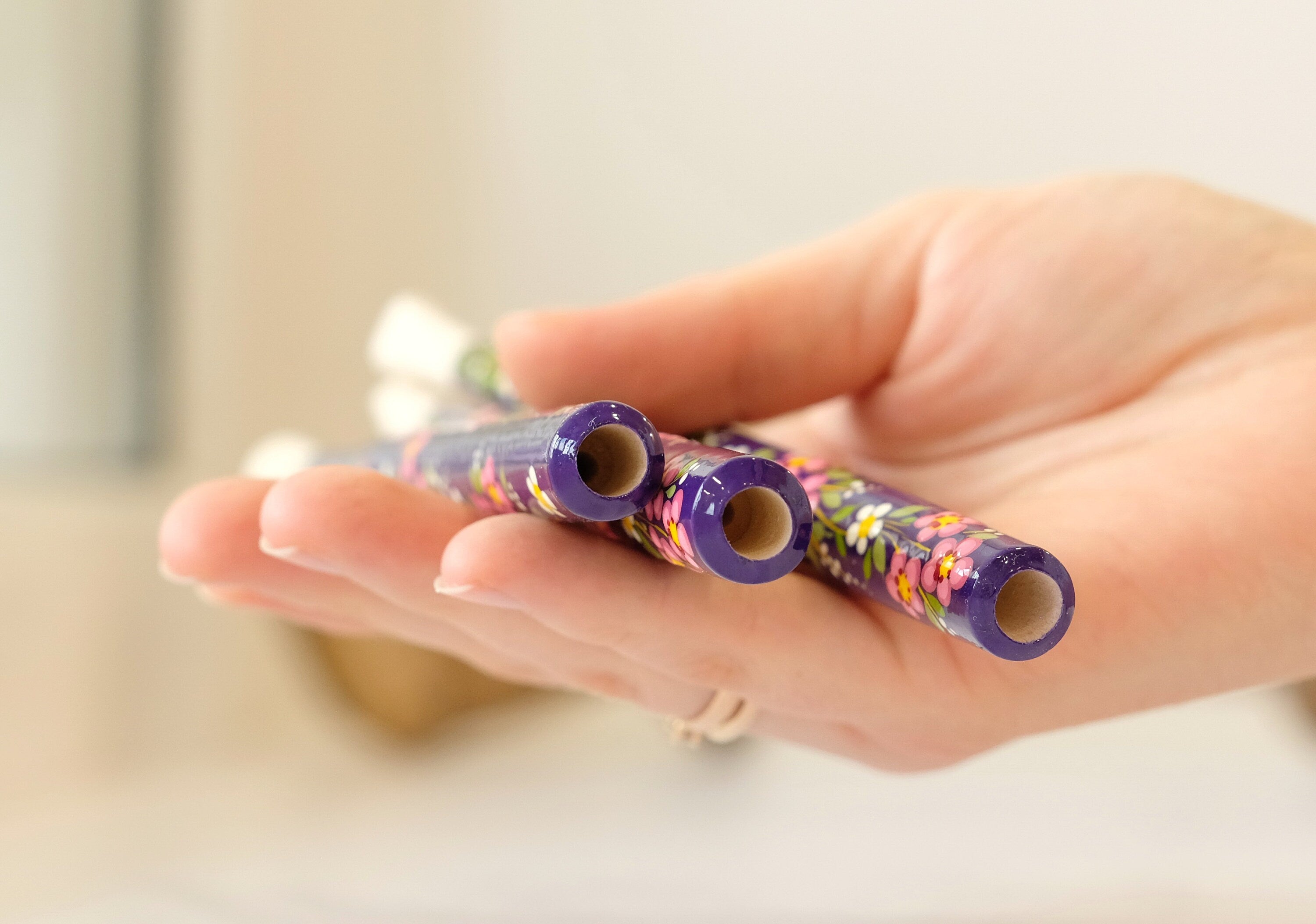 Painted Wooden Regular Cigarette Holder with Ukrainian Folk Art Petrykivka - Cherry Blossom Flower Mouthpiece