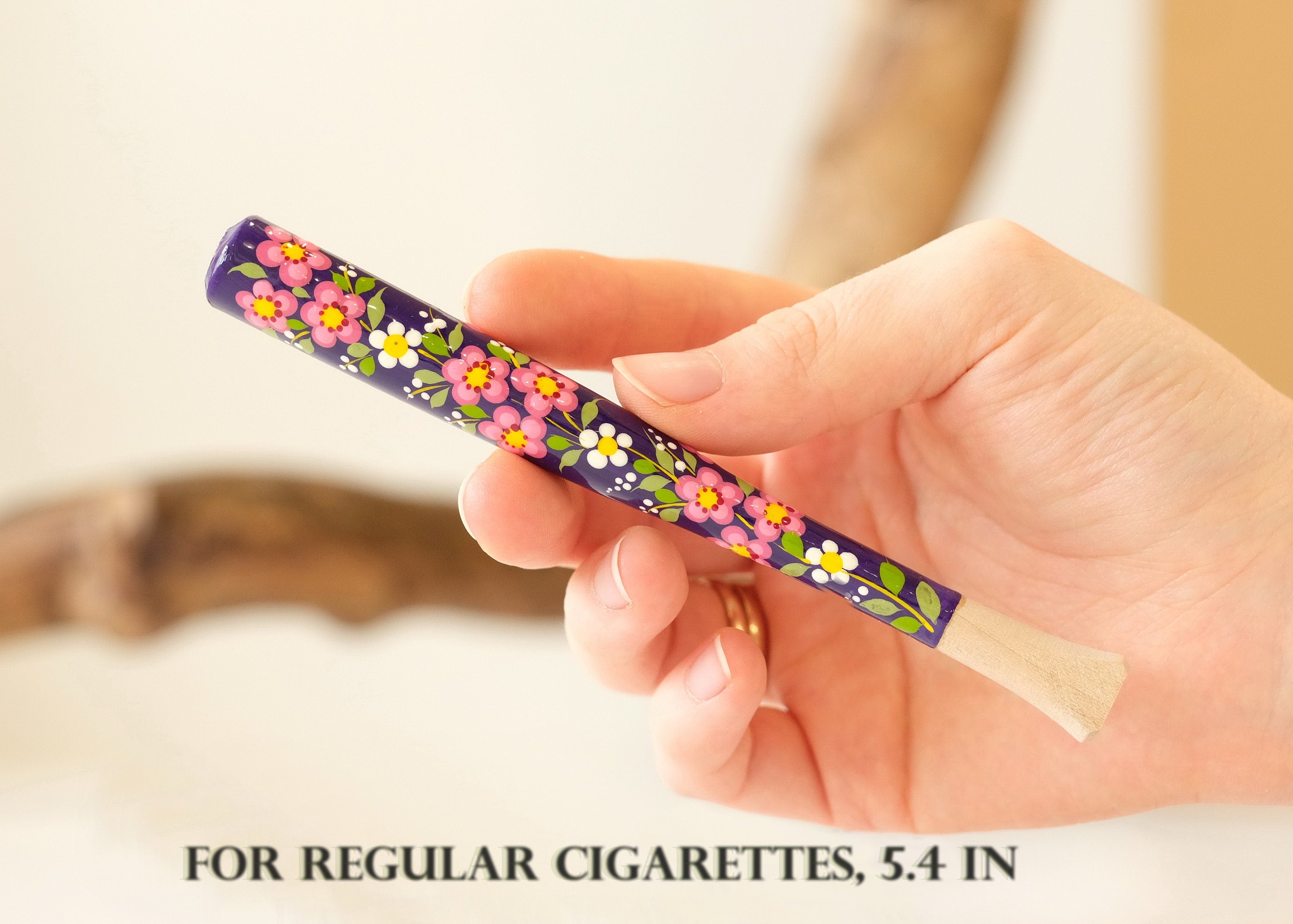 Painted Wooden Regular Cigarette Holder with Ukrainian Folk Art Petrykivka - Cherry Blossom Flower Mouthpiece