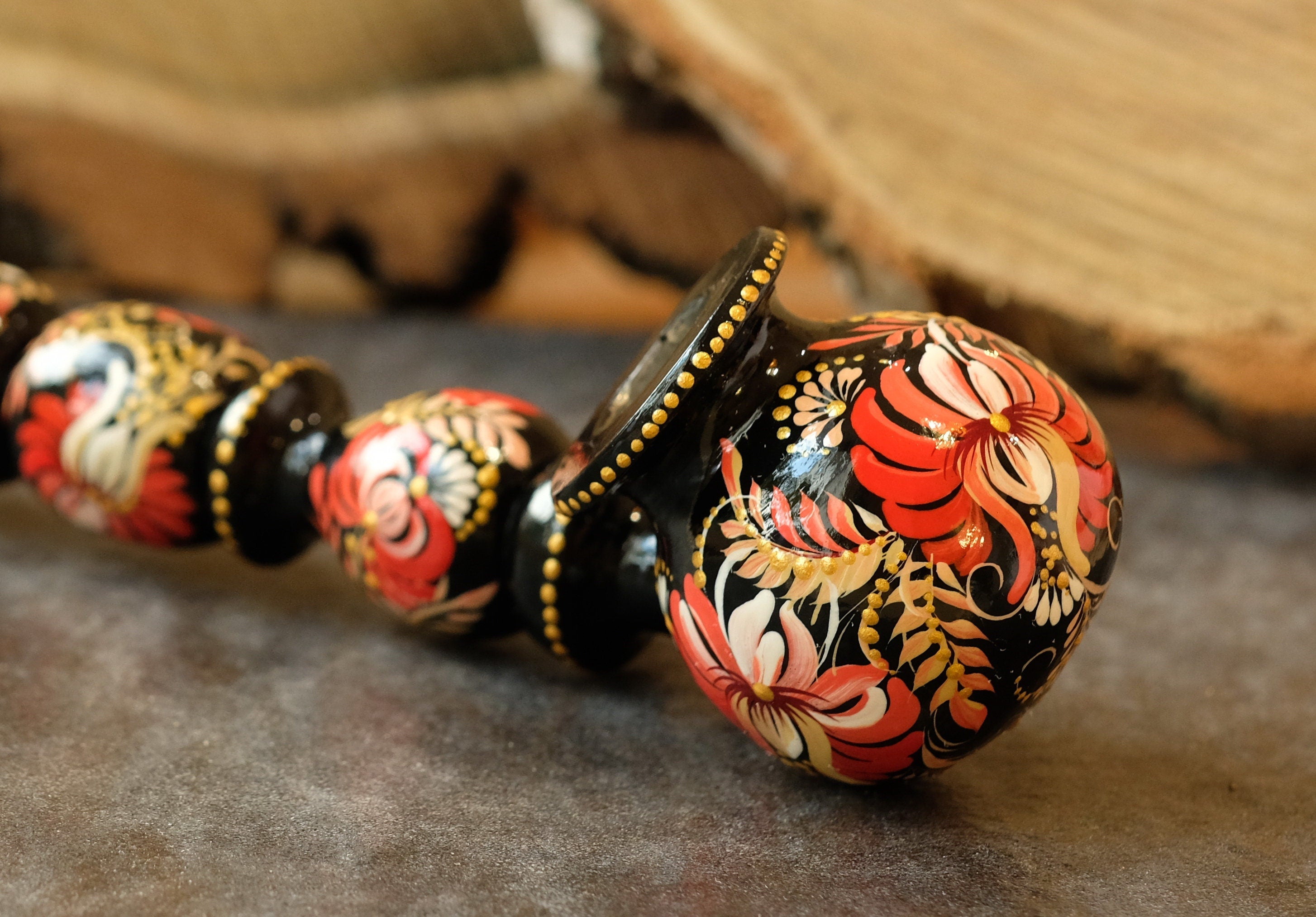 Long Wooden Smoking Pipe - Painted Red Flower Tobacco pipe with Ukrainian Folk Art Petrykivka