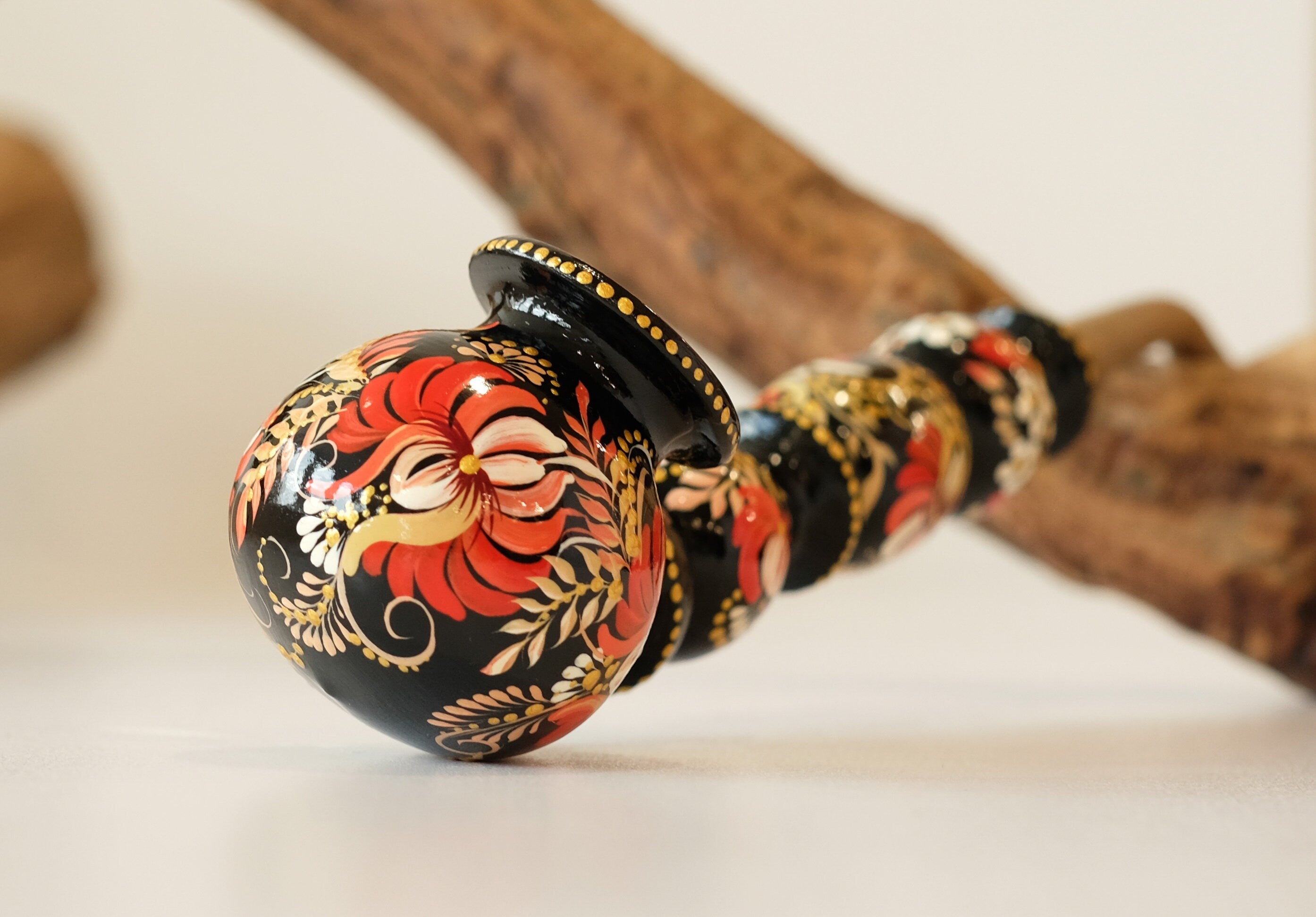 Long Wooden Smoking Pipe - Painted Red Flower Tobacco pipe with Ukrainian Folk Art Petrykivka