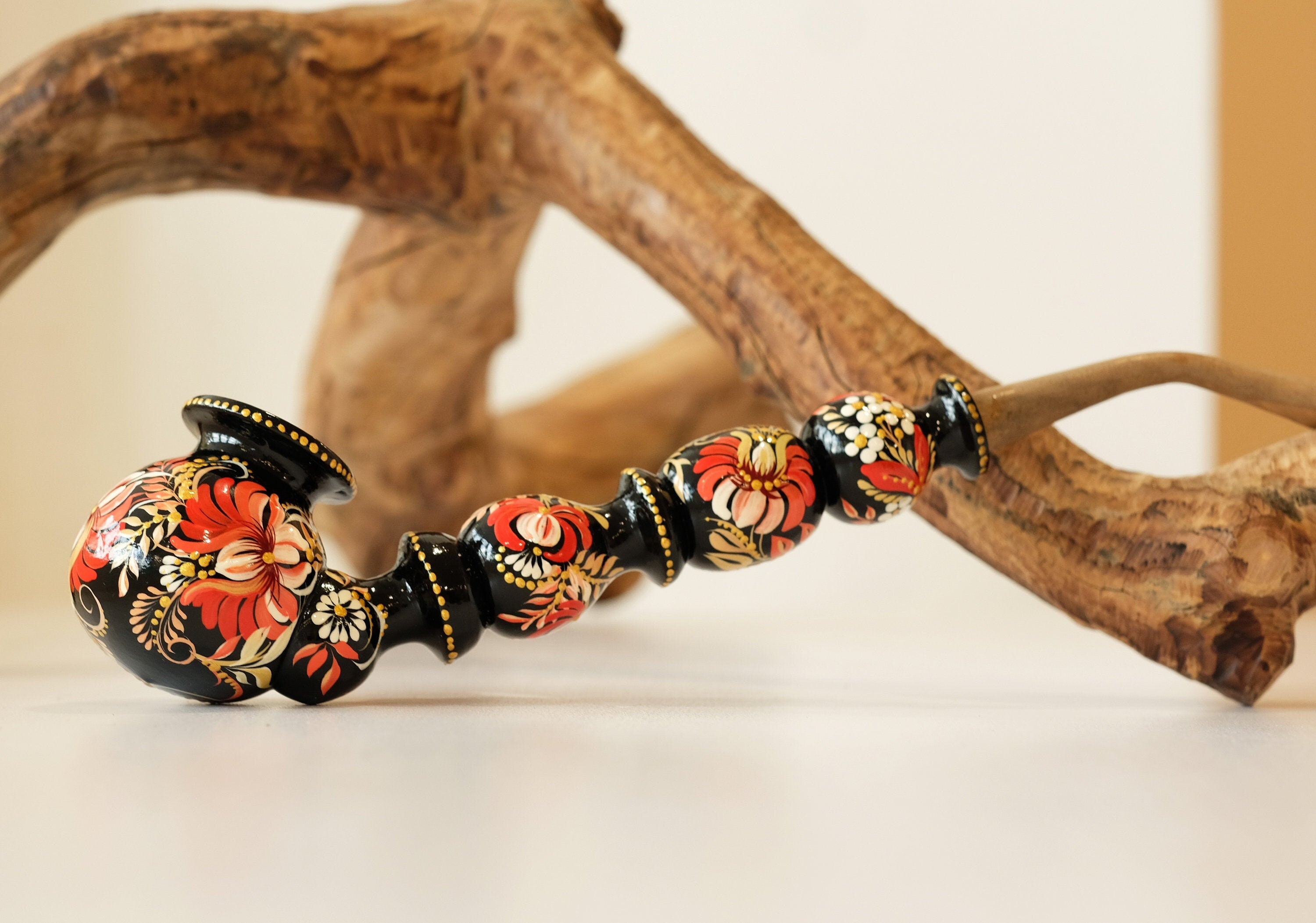 Long Wooden Smoking Pipe - Painted Red Flower Tobacco pipe with Ukrainian Folk Art Petrykivka