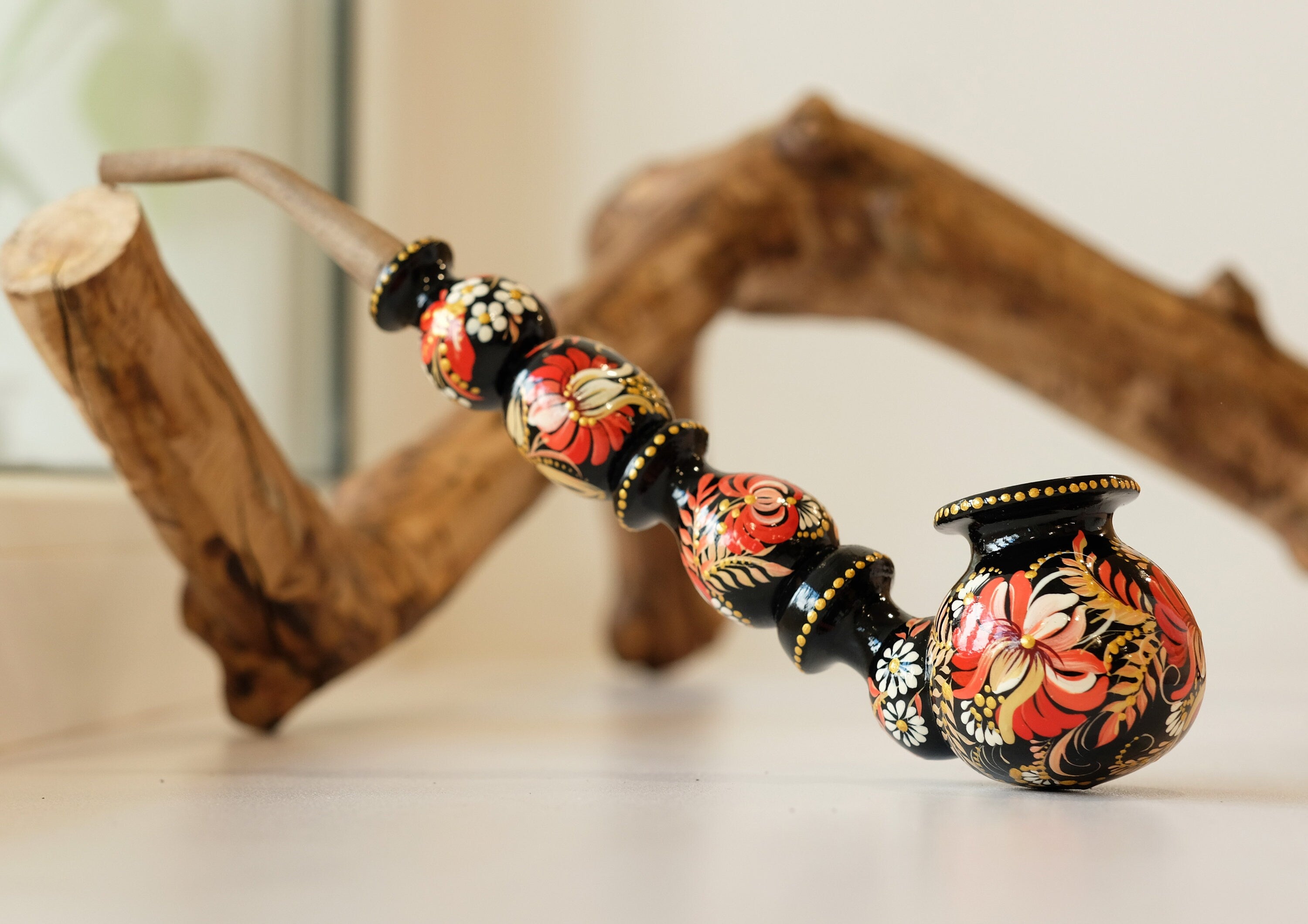Long Wooden Smoking Pipe - Painted Red Flower Tobacco pipe with Ukrainian Folk Art Petrykivka