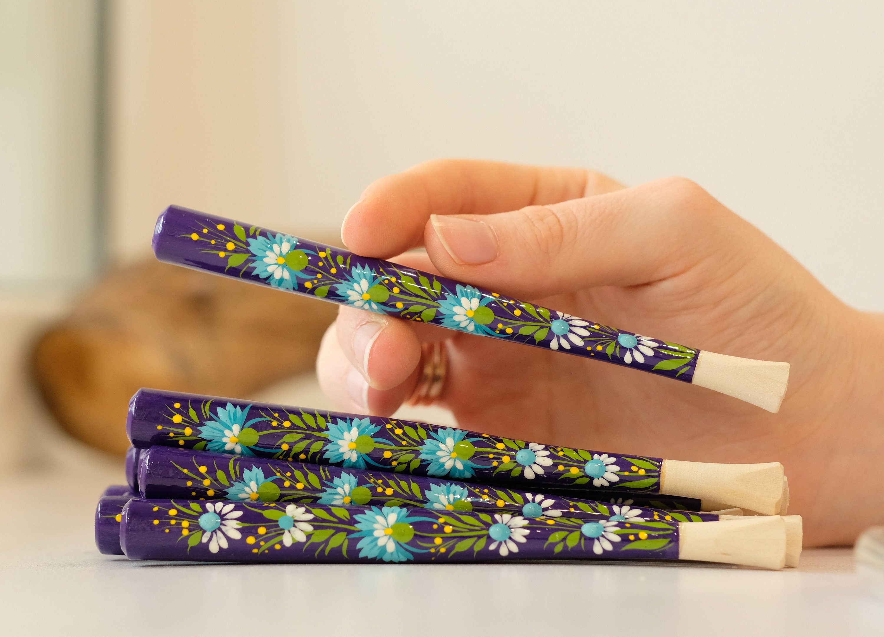 Painted Wooden Cigarette Holder - Regular & Slim - Purple Flower Mouthpiece with Ukrainian Folk Art Petrykivka