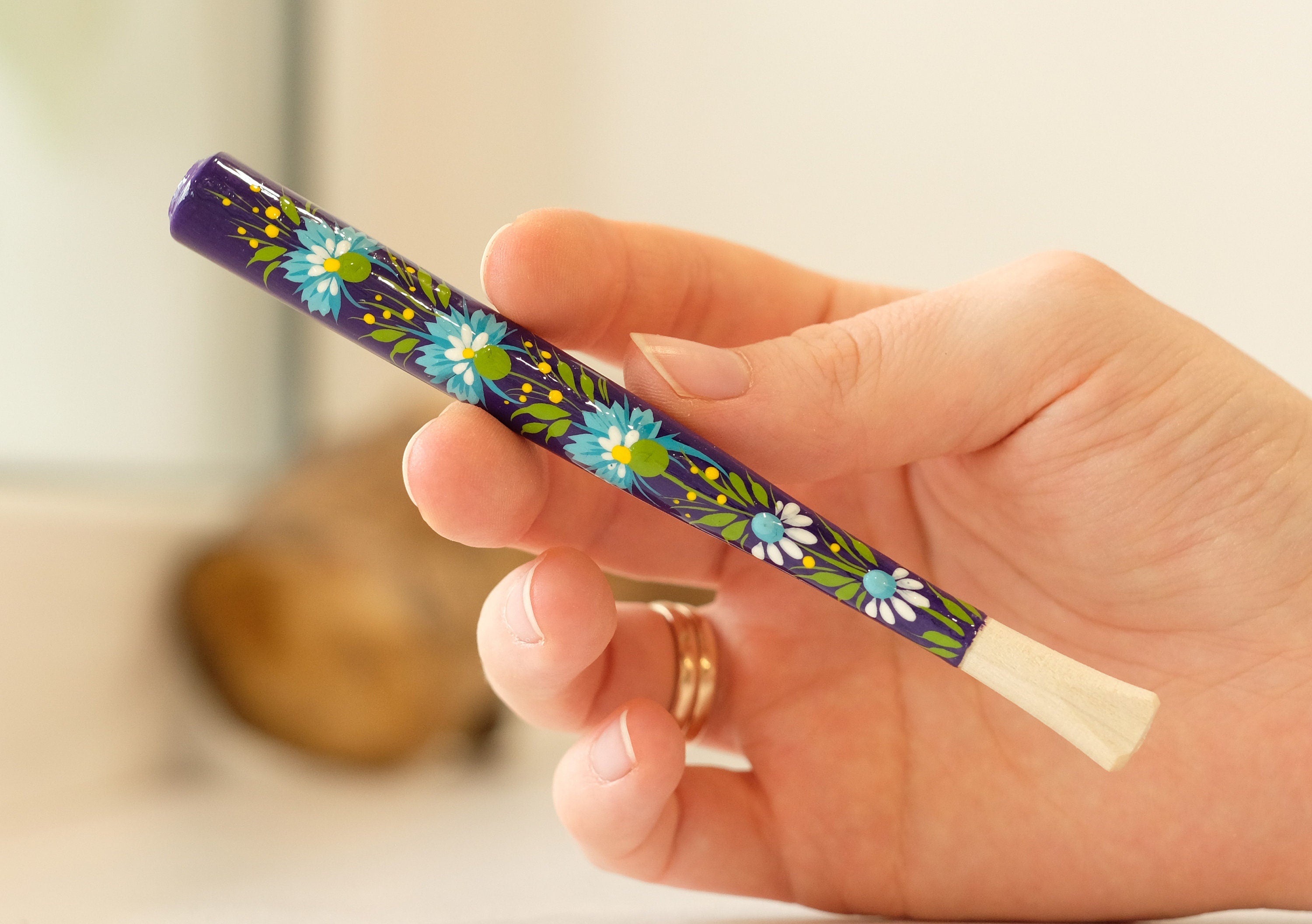Painted Wooden Cigarette Holder - Regular & Slim - Purple Flower Mouthpiece with Ukrainian Folk Art Petrykivka