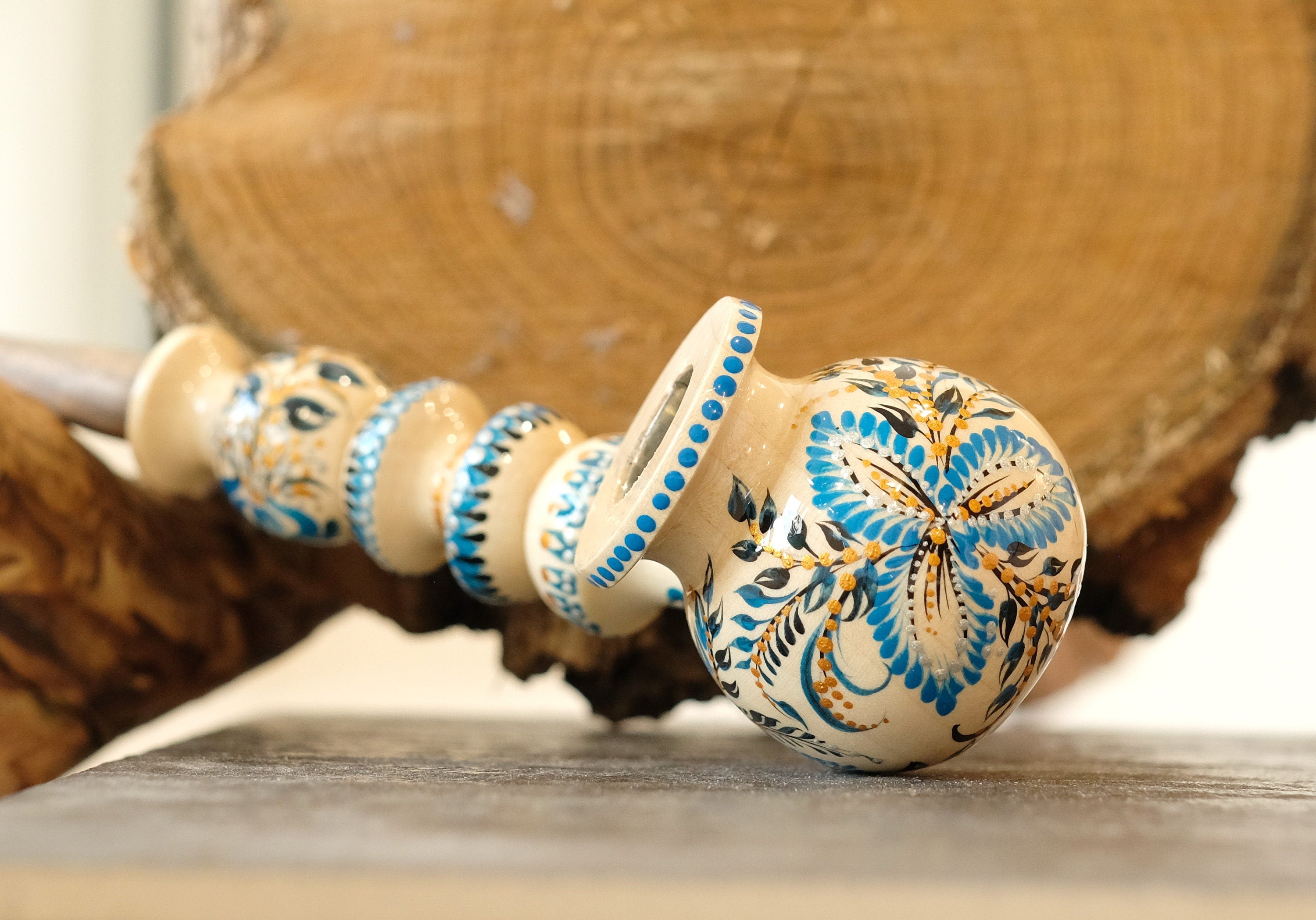 Long Wooden Smoking Pipe - Hand-painted Tobacco Pipe with Ukrainian Folk Art Petrykivka