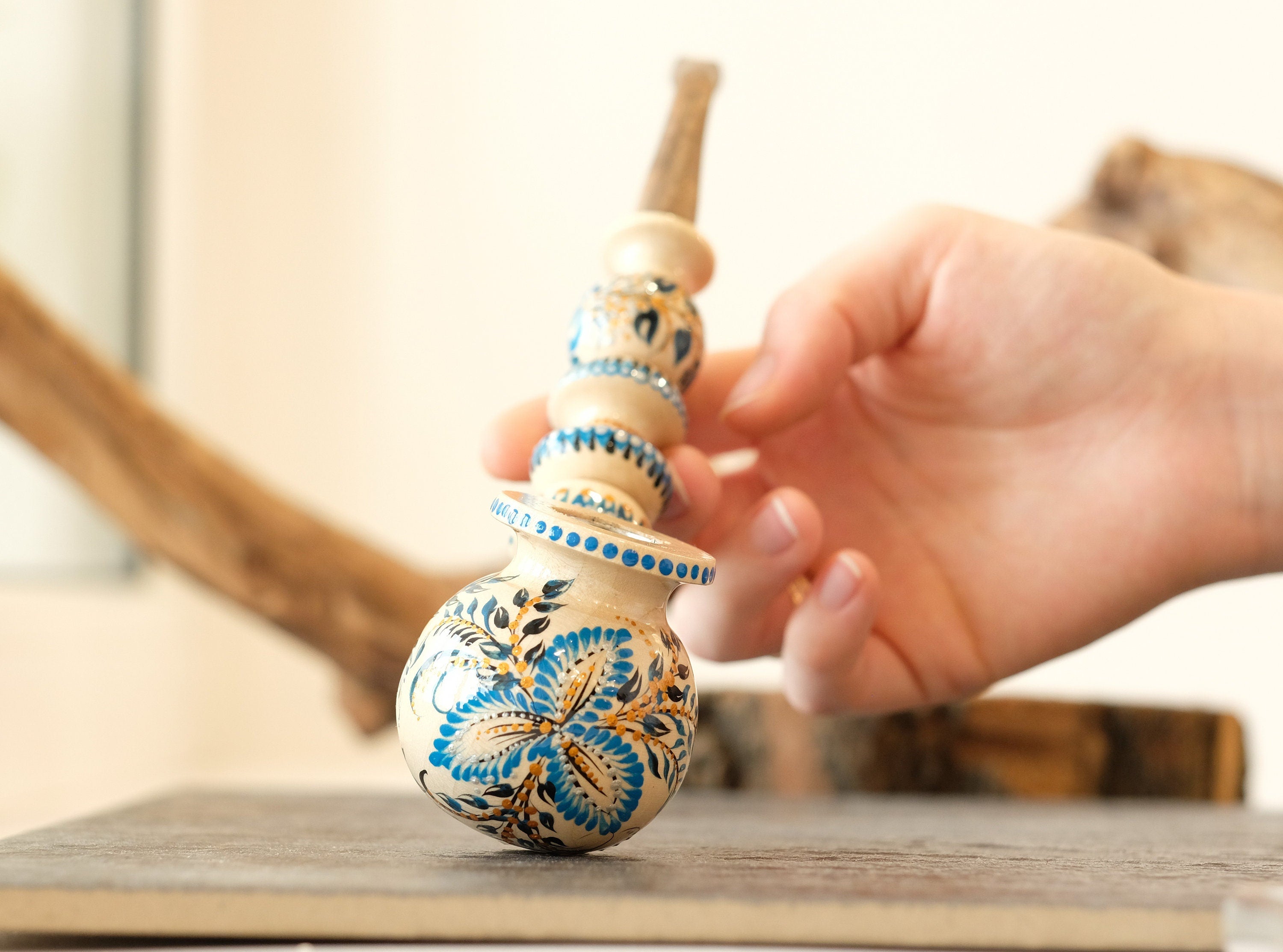 Long Wooden Smoking Pipe - Hand-painted Tobacco Pipe with Ukrainian Folk Art Petrykivka