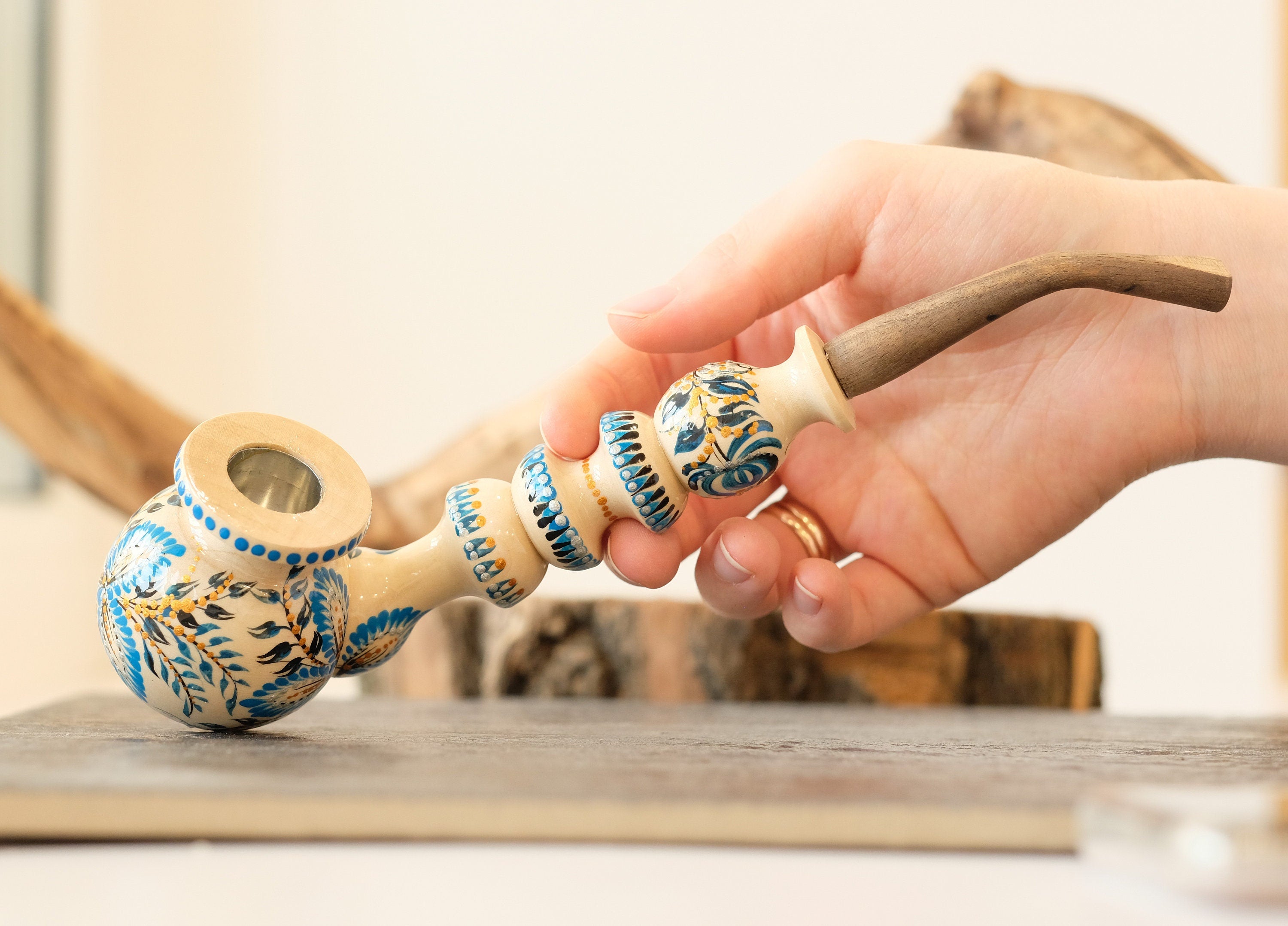 Long Wooden Smoking Pipe - Hand-painted Tobacco Pipe with Ukrainian Folk Art Petrykivka