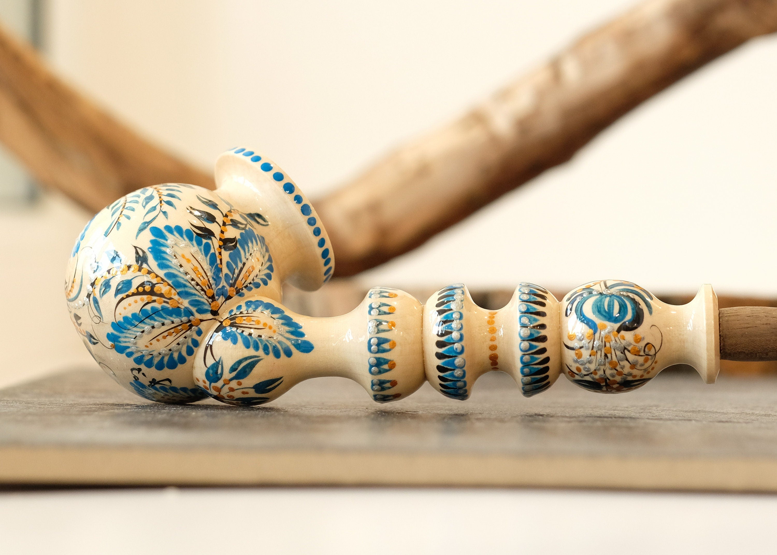 Long Wooden Smoking Pipe - Hand-painted Tobacco Pipe with Ukrainian Folk Art Petrykivka