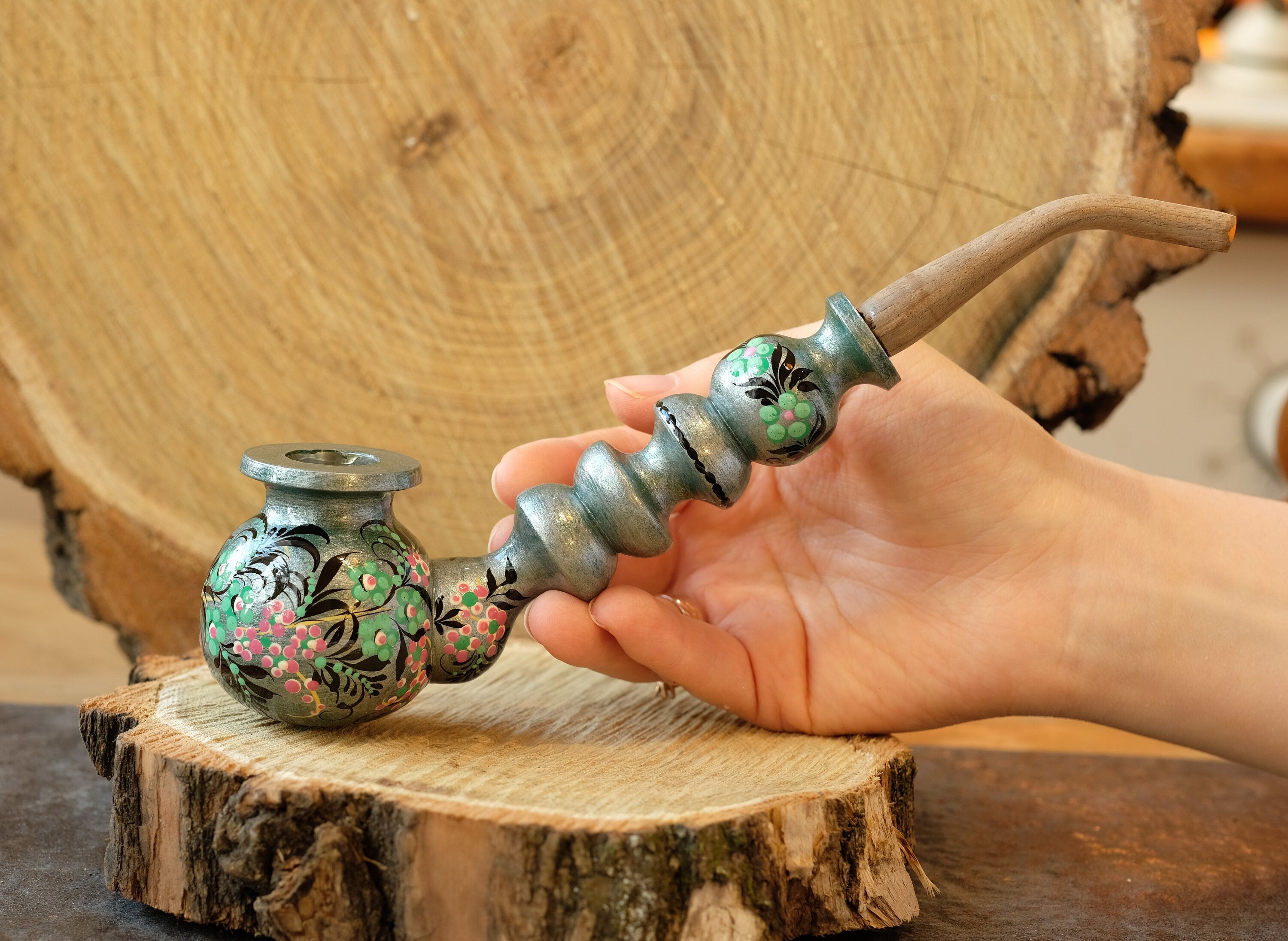 Painted Wooden Smoking Pipe with Ukrainian Folk Art Petrykivka - Flower Tobacco Pipe
