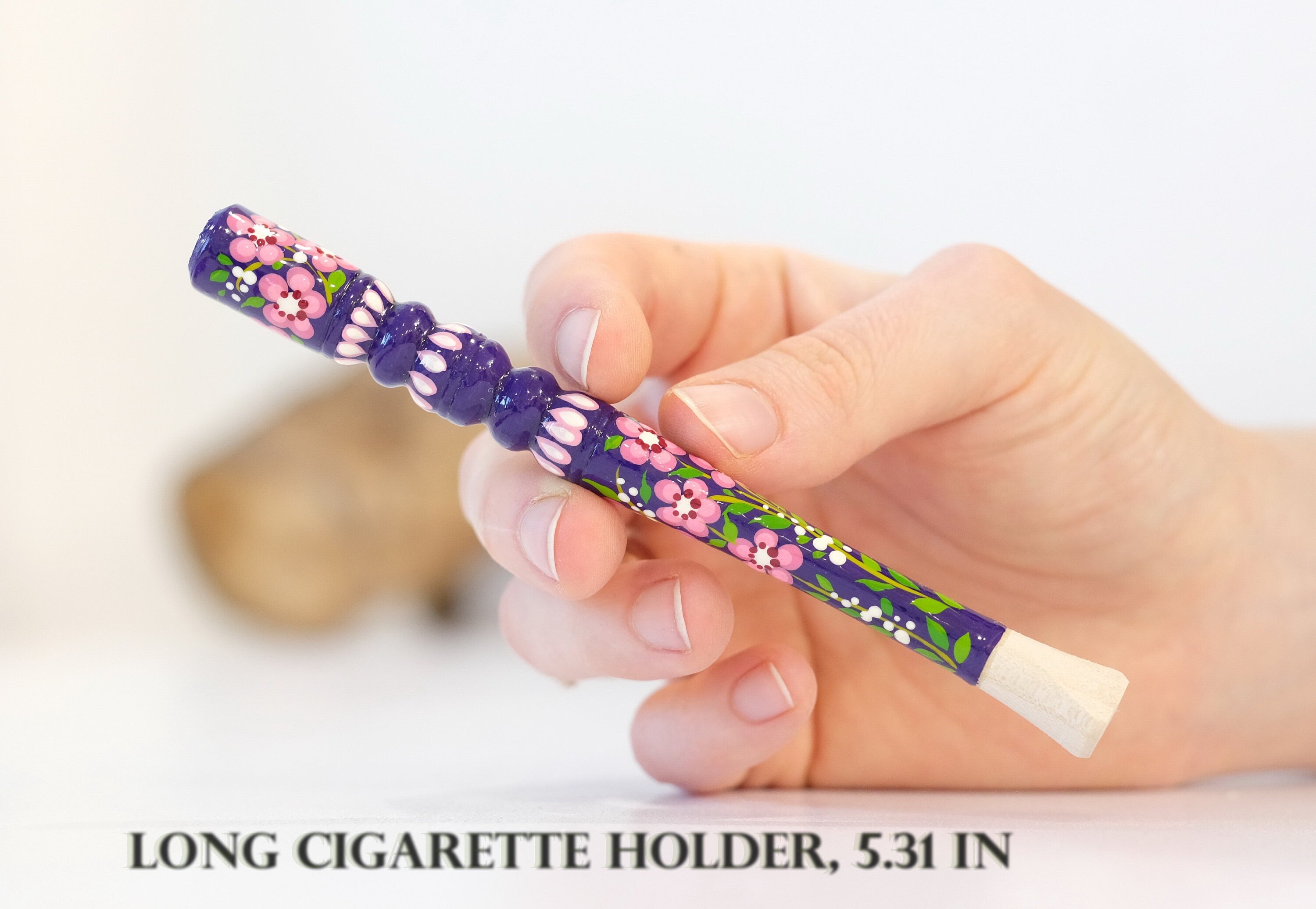 Hand-Painted Wooden Regular Cigarette Holder - Cherry Blossom Mouthpiece with Ukrainian Folk Art Petrykivka