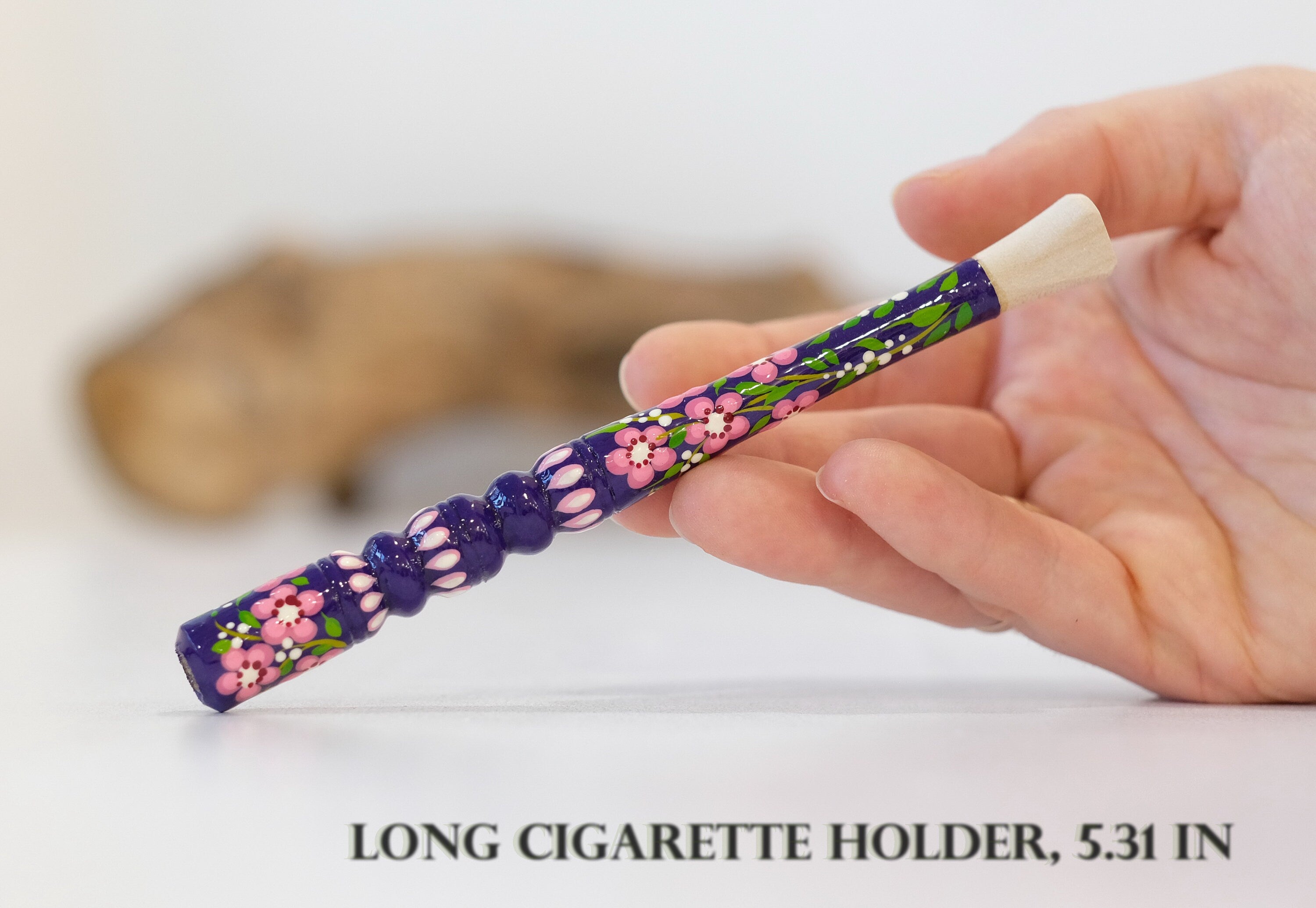 Hand-Painted Wooden Regular Cigarette Holder - Cherry Blossom Mouthpiece with Ukrainian Folk Art Petrykivka