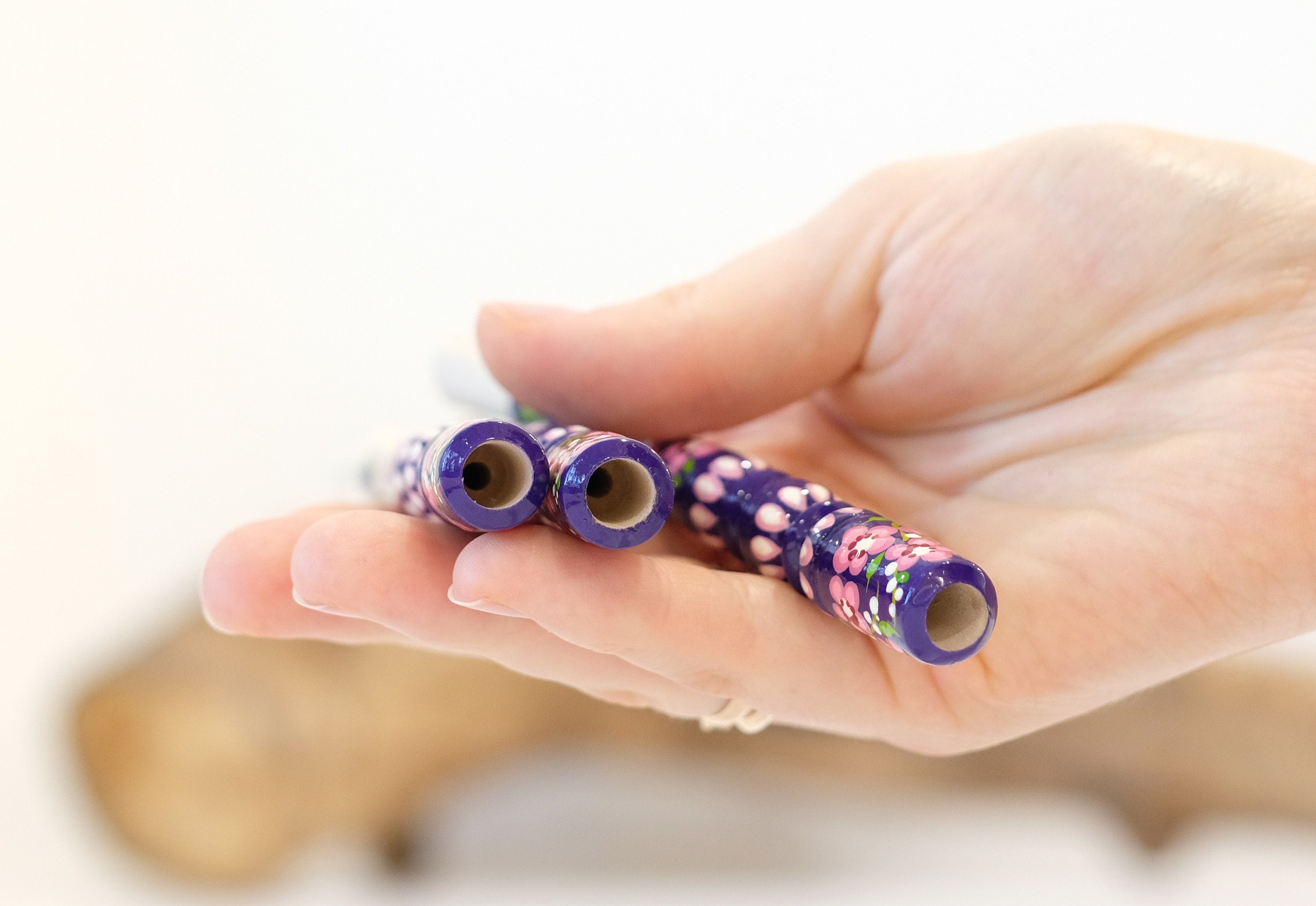 Hand-Painted Wooden Regular Cigarette Holder - Cherry Blossom Mouthpiece with Ukrainian Folk Art Petrykivka