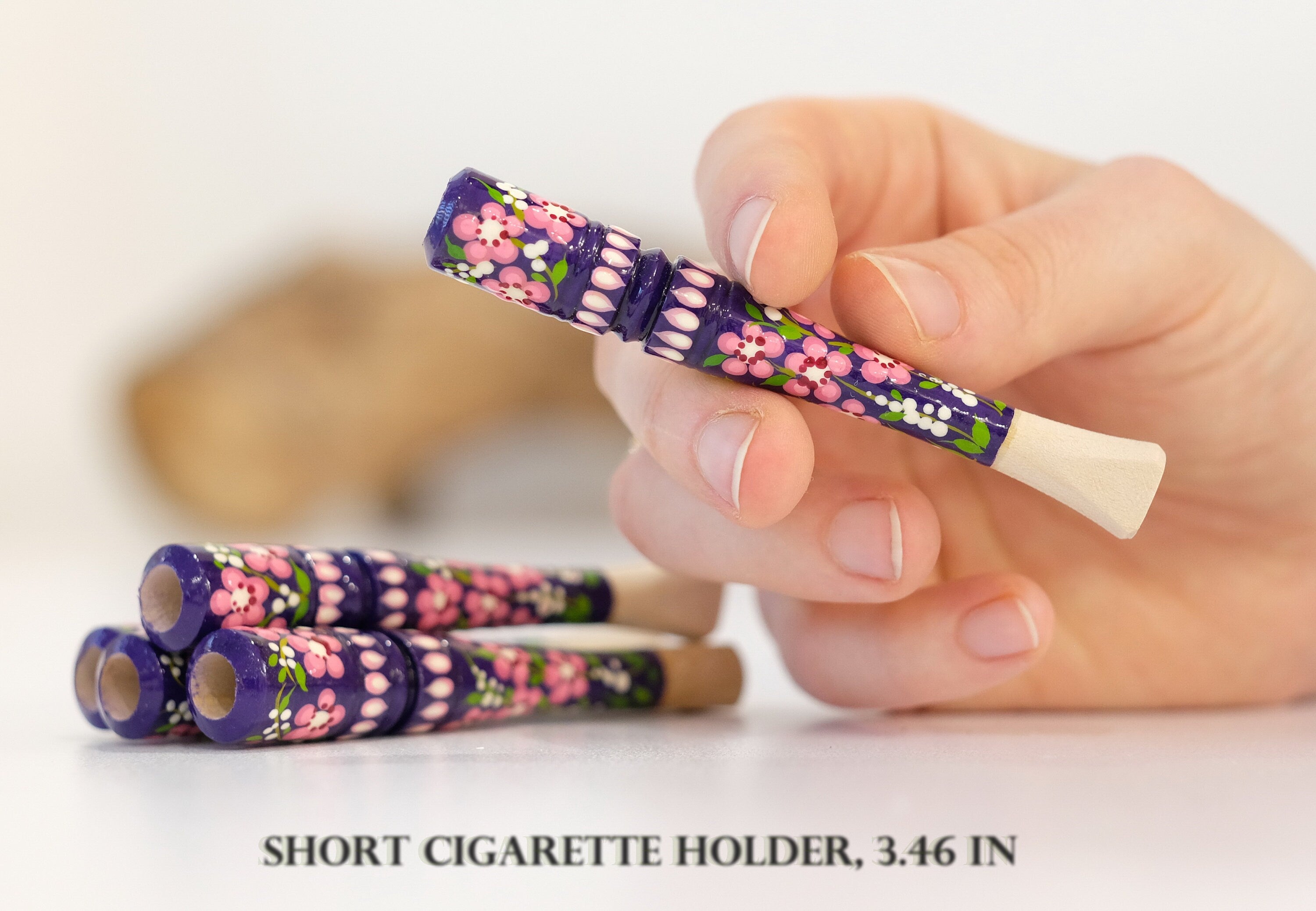 Hand-Painted Wooden Regular Cigarette Holder - Cherry Blossom Mouthpiece with Ukrainian Folk Art Petrykivka