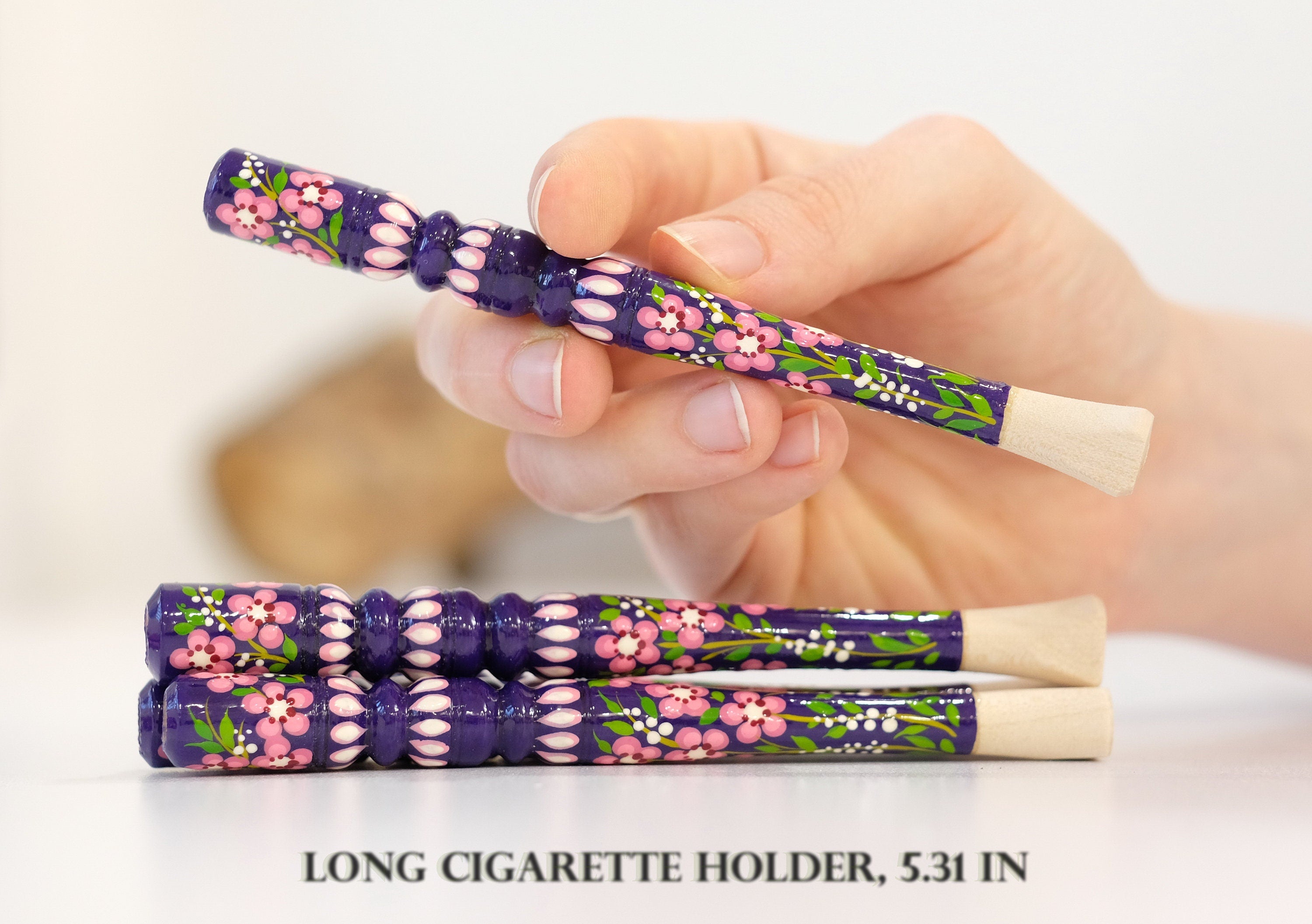 Hand-Painted Wooden Regular Cigarette Holder - Cherry Blossom Mouthpiece with Ukrainian Folk Art Petrykivka