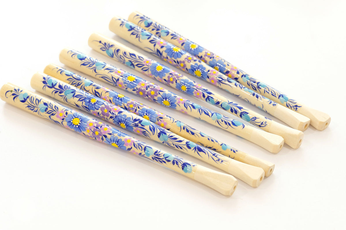 Long regular cigarette holder 7.8"/20 cm - Hand-painted wooden blue flower cigarette holder with Ukrainian Petrykivka art