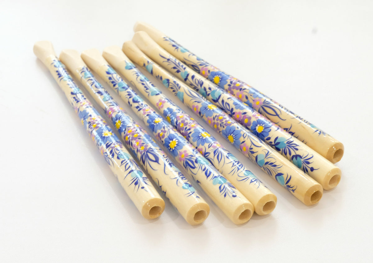 Long regular cigarette holder 7.8"/20 cm - Hand-painted wooden blue flower cigarette holder with Ukrainian Petrykivka art