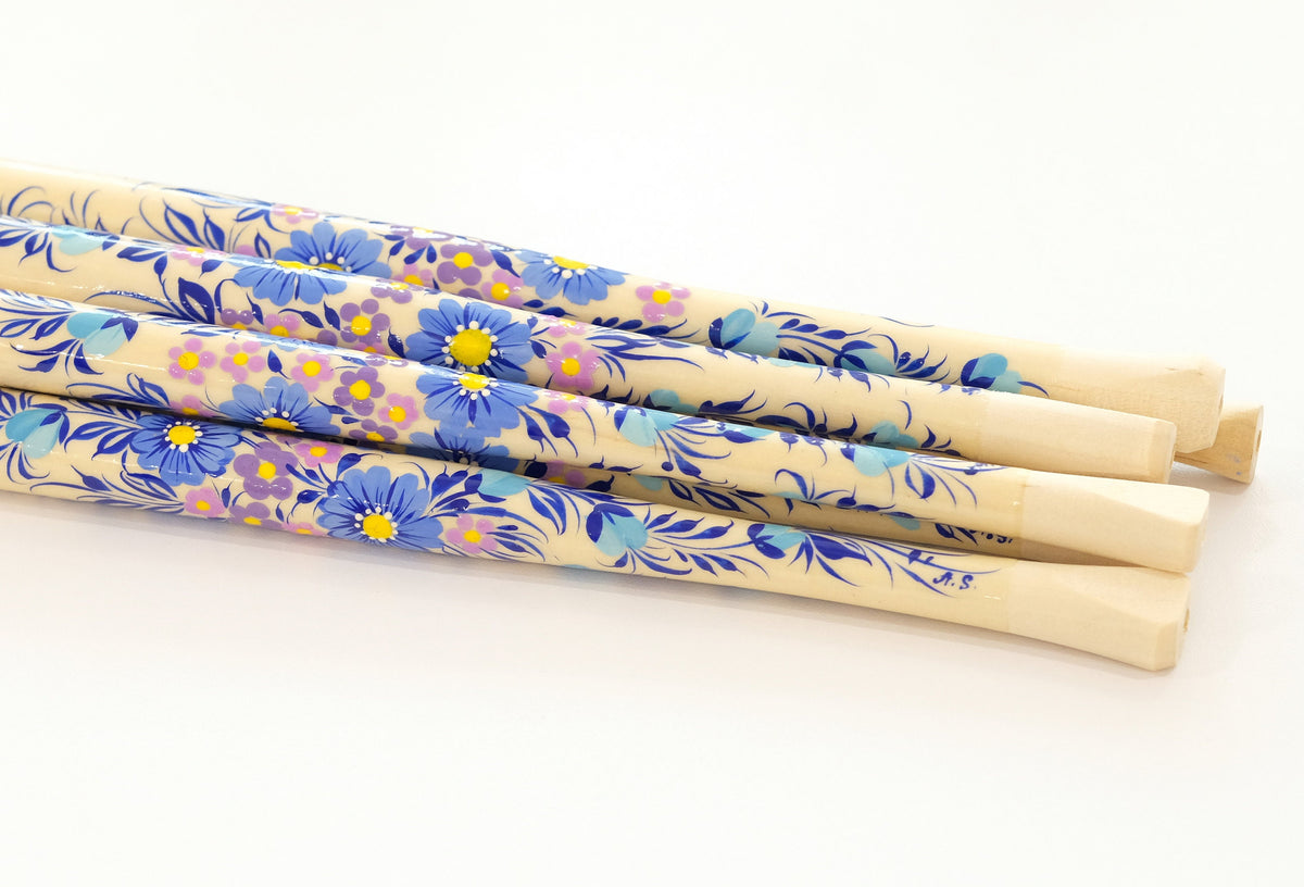 Long regular cigarette holder 7.8"/20 cm - Hand-painted wooden blue flower cigarette holder with Ukrainian Petrykivka art